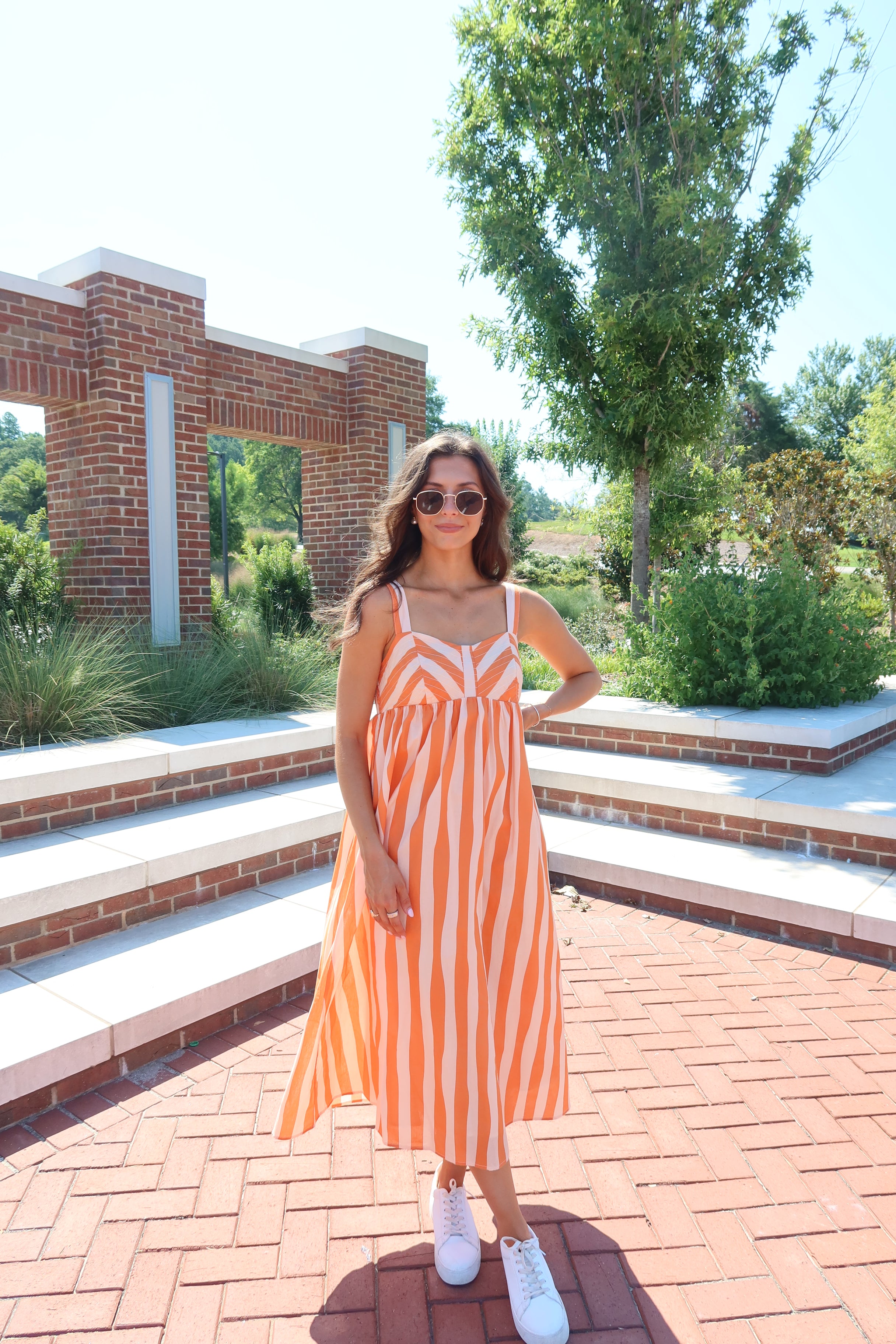cream orange dress Sideline Stripe Midi Dress- Orange/Cream Extremely Flowy Maxi Dress With its breezy silhouette day party Size:US2OW