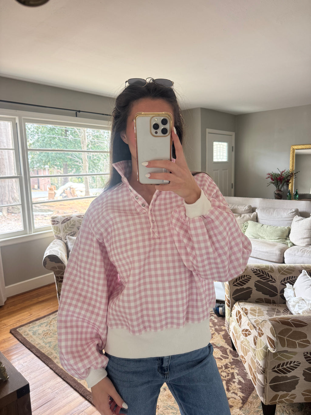 Checkered Snap Pullover- Pink/White