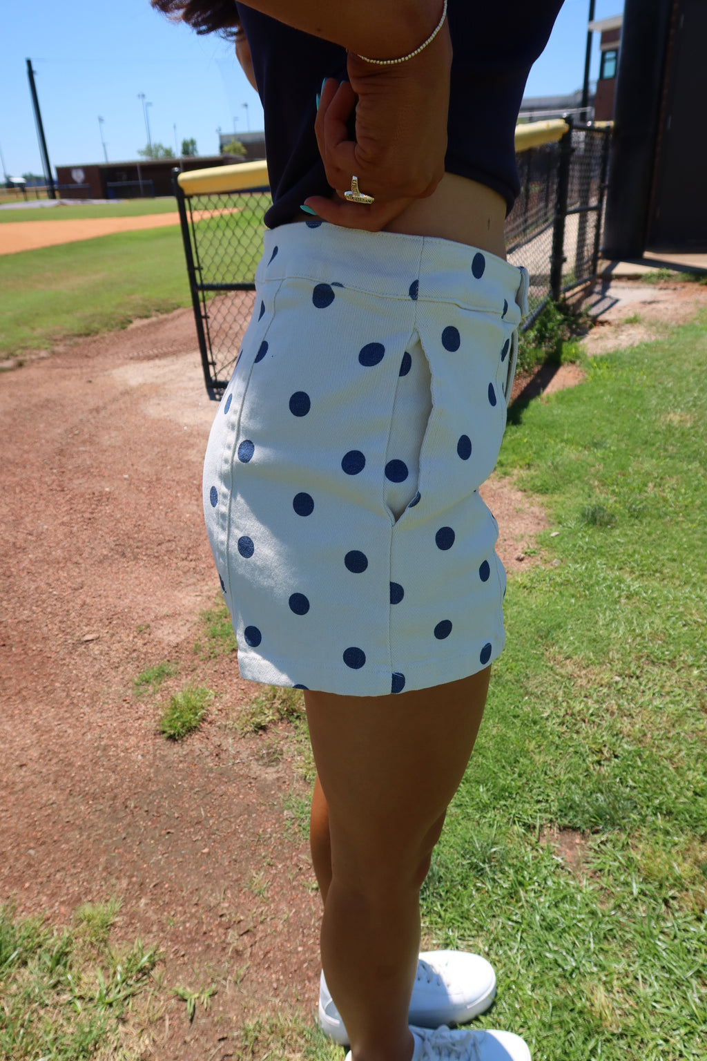 Polka Dot Denim Short- Cream/Navy