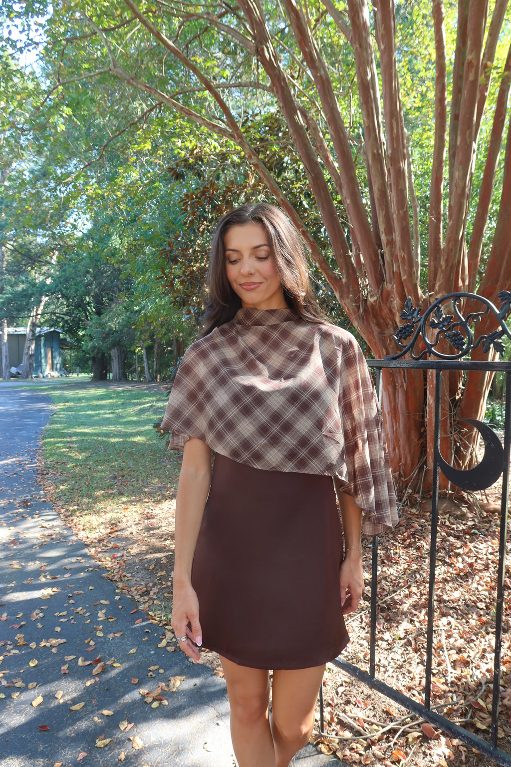 Park Avenue Plaid Cape Mini Dress- Cocoa