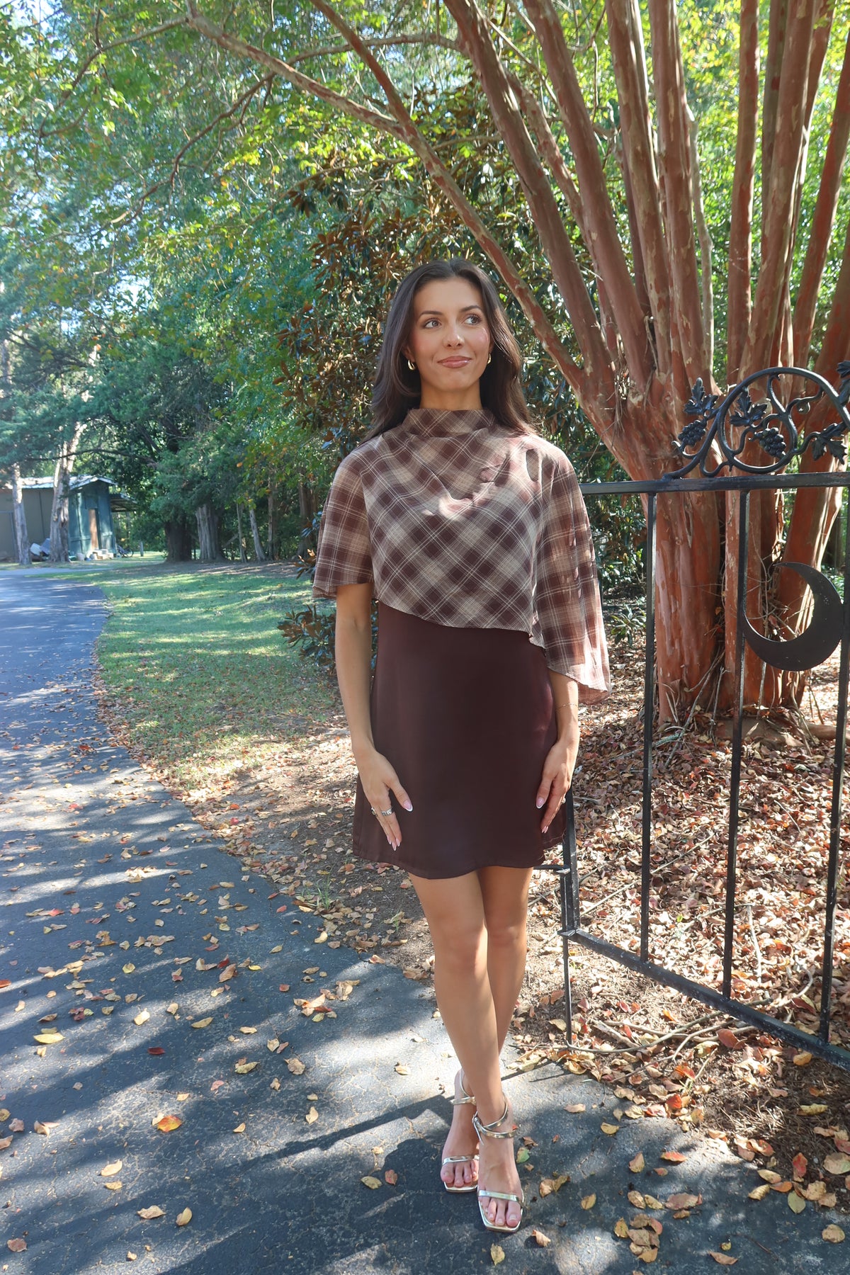 Park Avenue Plaid Cape Mini Dress- Cocoa