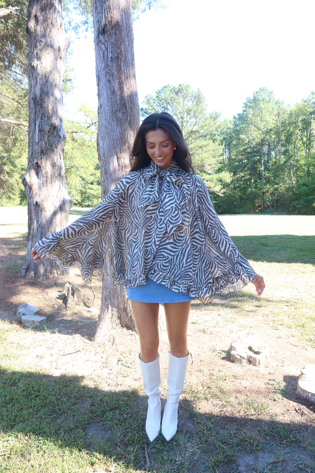 Savanna Zebra Ruffle Blouse- Taupe Grey/Cream