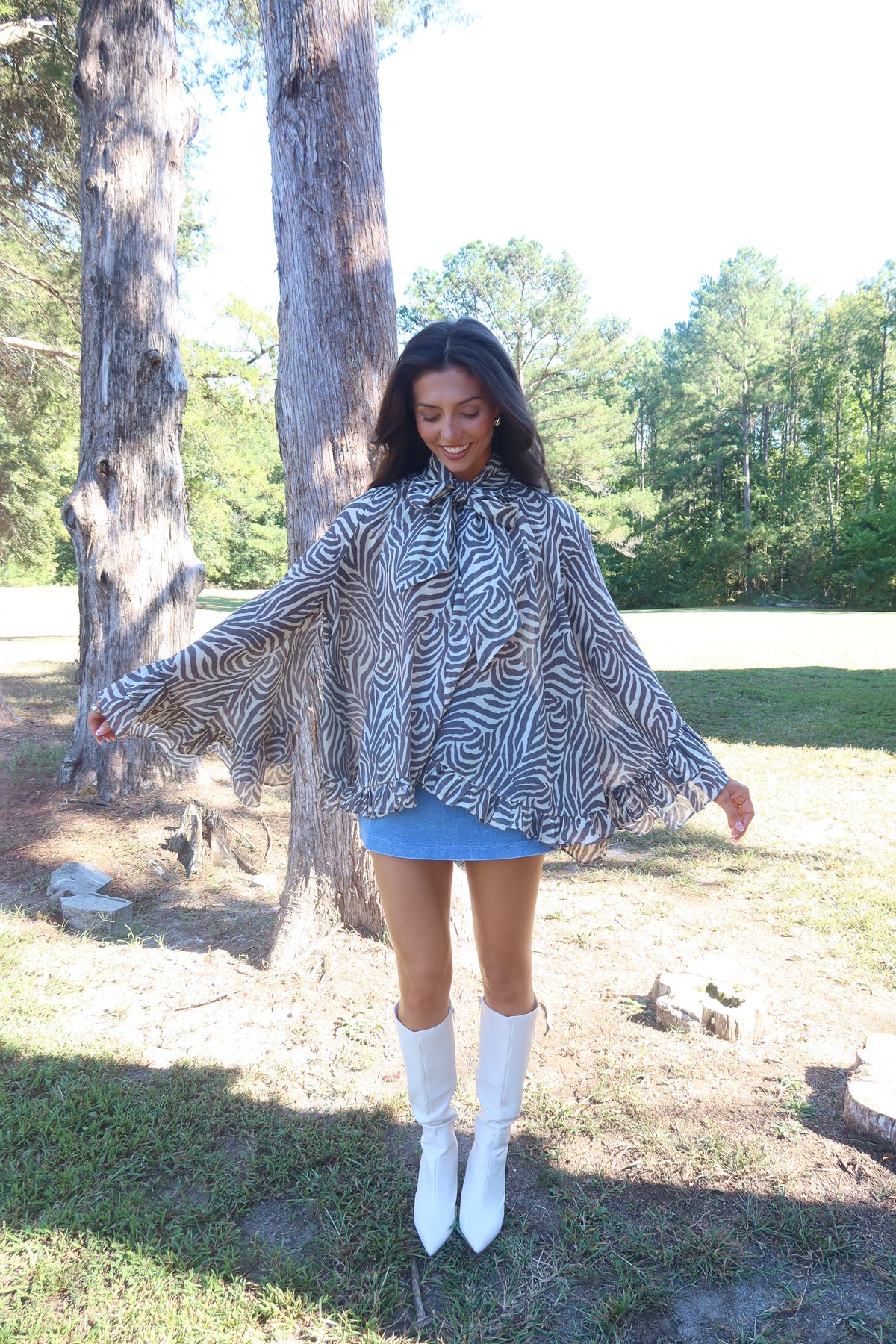 Savanna Zebra Ruffle Blouse- Taupe Grey/Cream