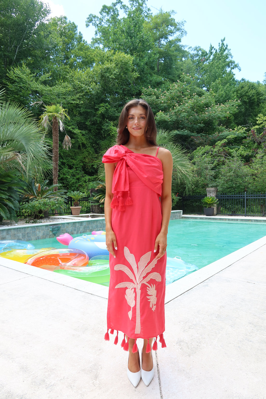 Palm Island Midi Dress- Red/Ecru