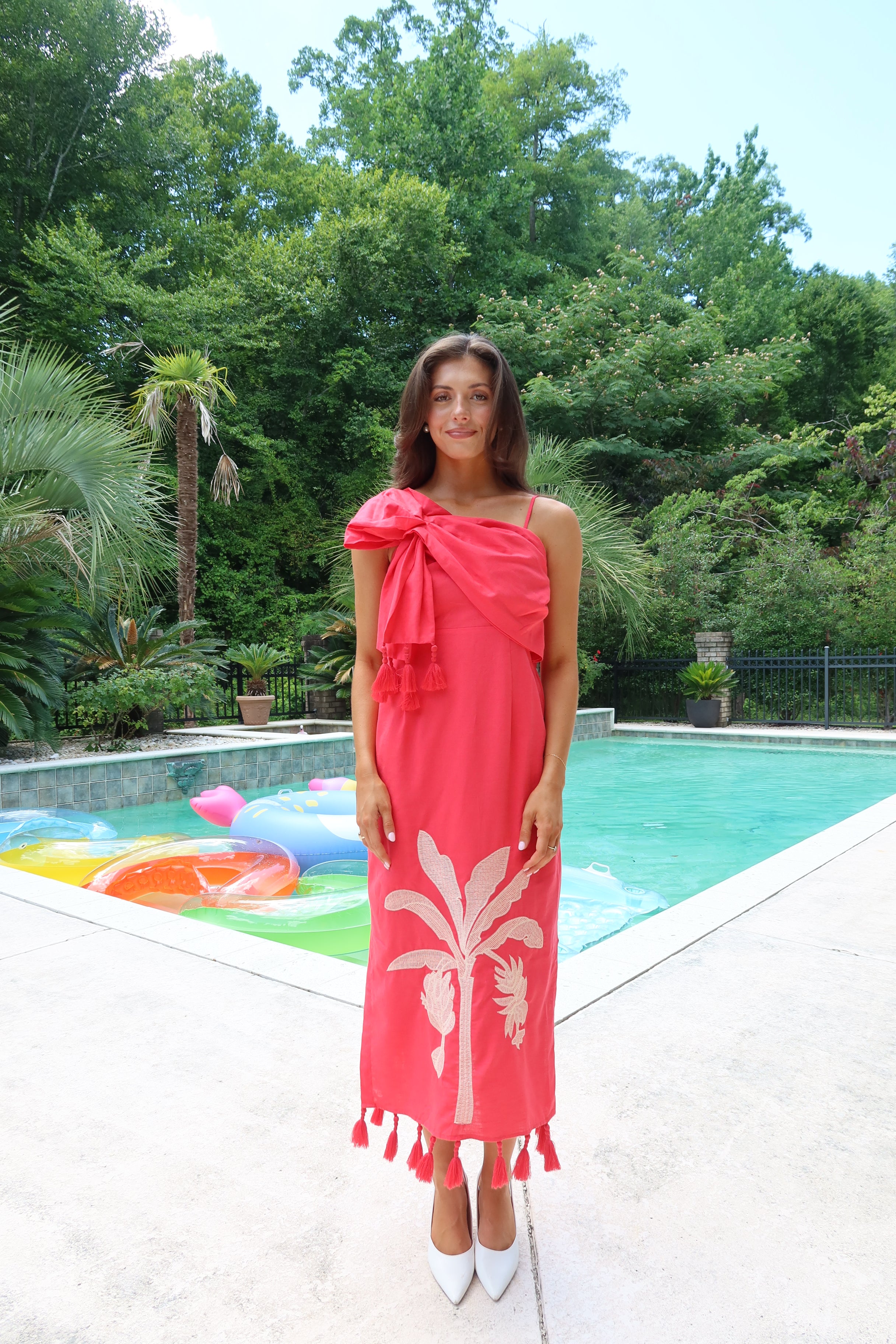 Palm Island Midi Dress- Red/Ecru