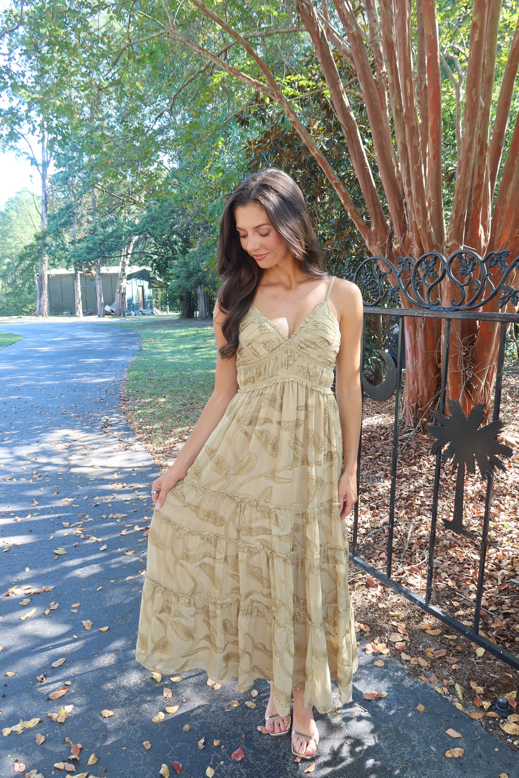 Maple Lane Tiered Maxi Dress- Beige Floral