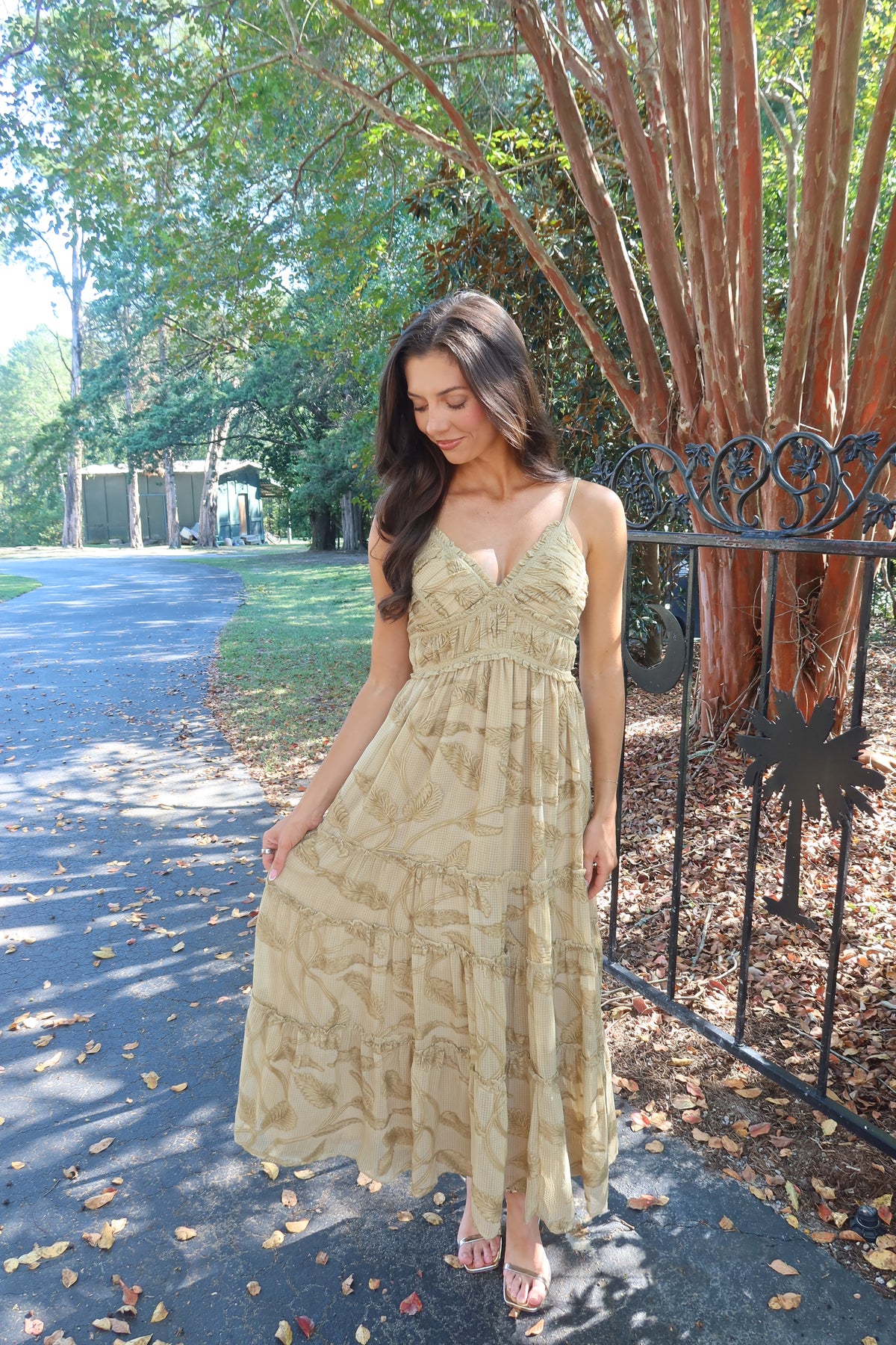 Maple Lane Tiered Maxi Dress- Beige Floral