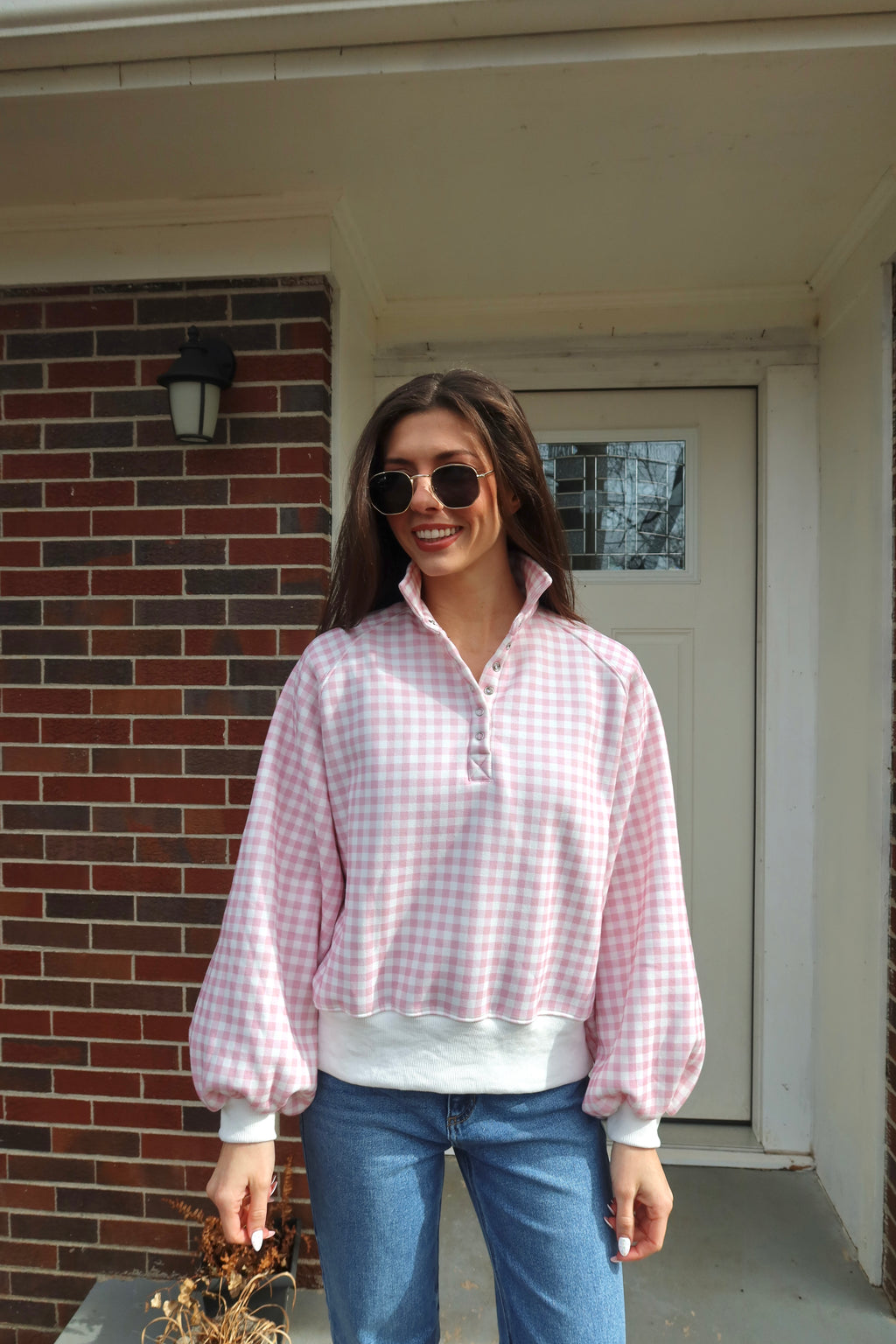 Checkered Snap Pullover- Pink/White
