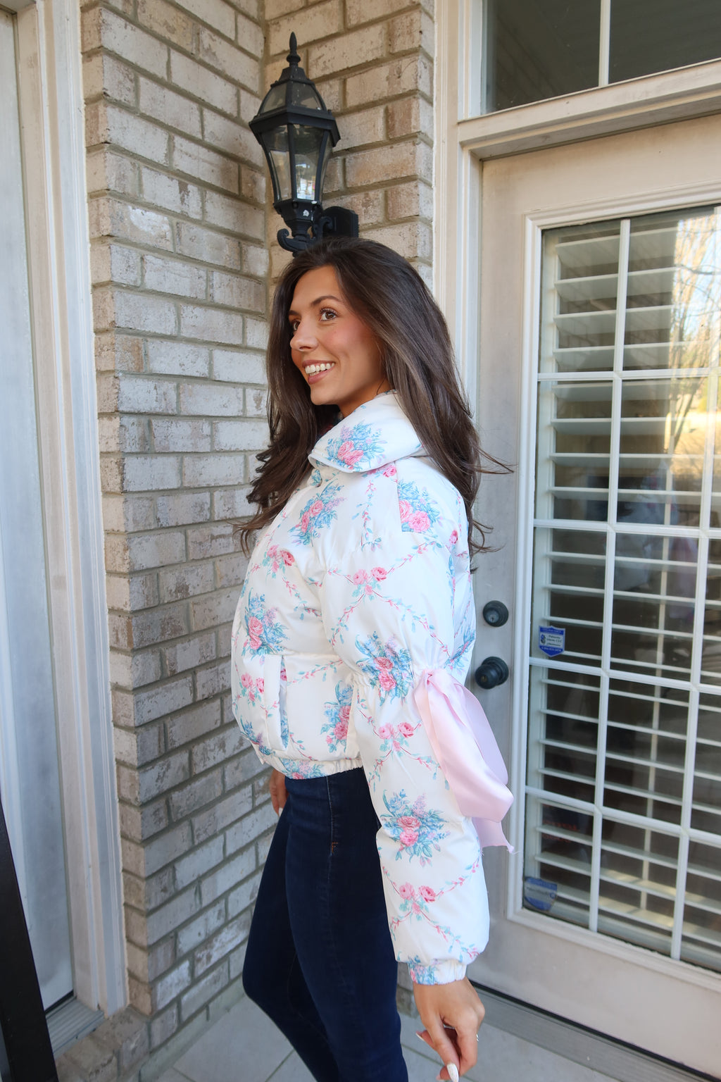 Floral Puffer Jacket- White/Blue/Pink
