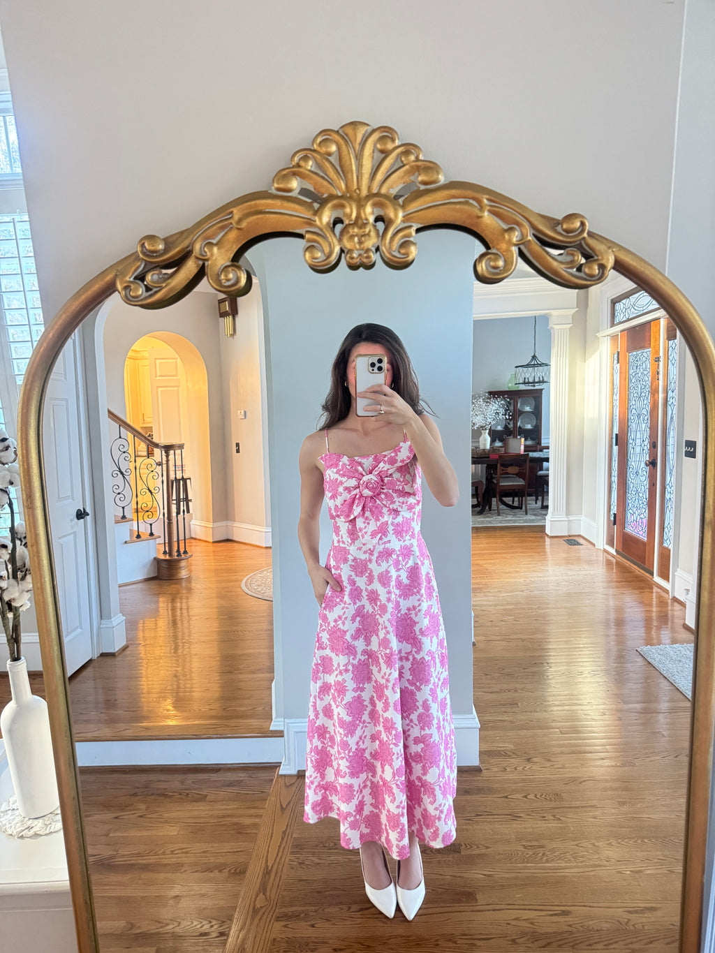 Pink Peony Midi Dress- Pink/White