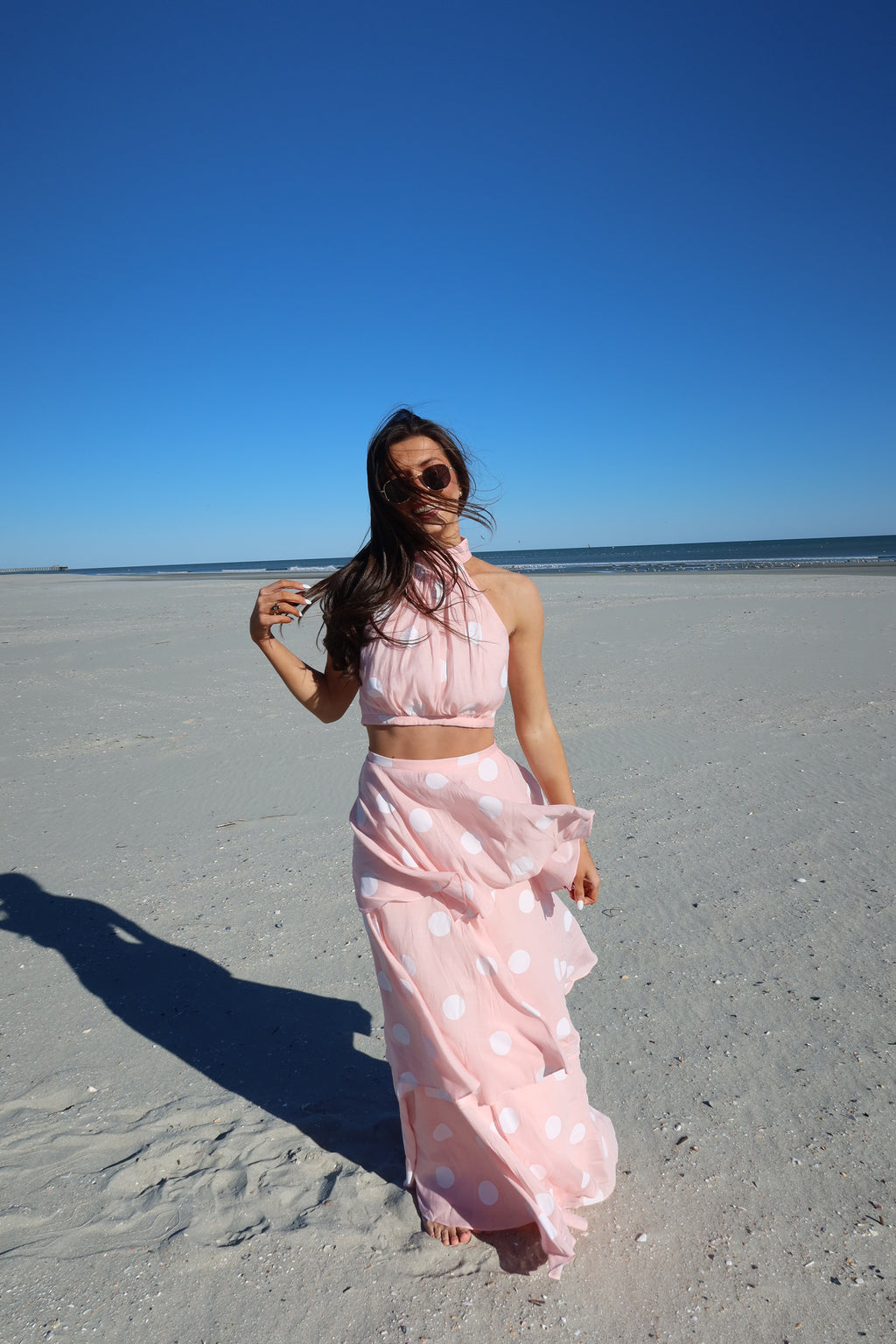 Darling Dot Halter Neck Skirt Set- Pink