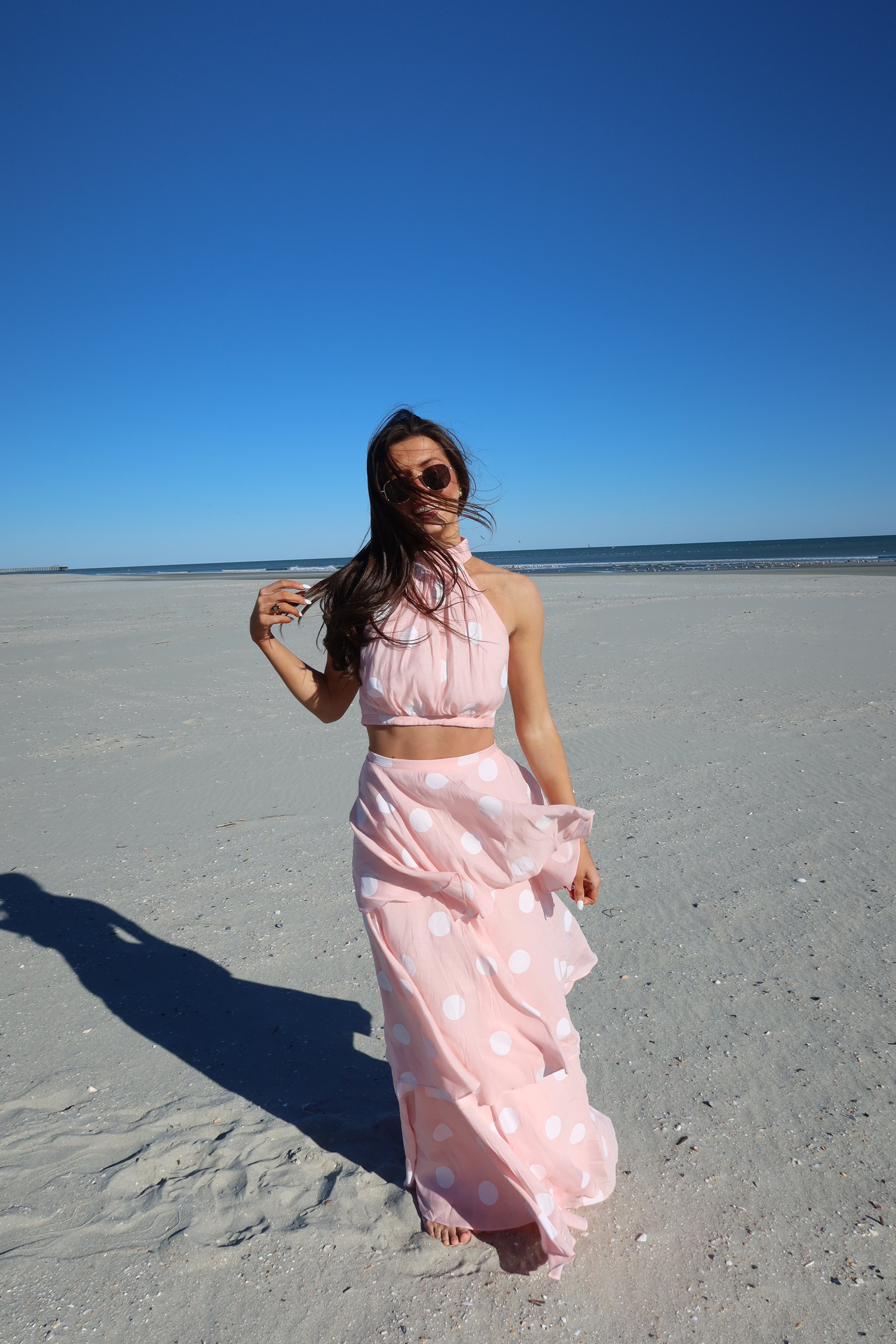 Darling Dot Halter Neck Skirt Set- Pink