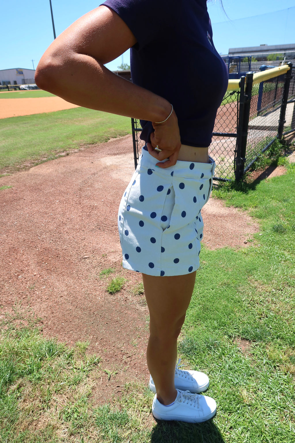 Polka Dot Denim Short- Cream/Navy