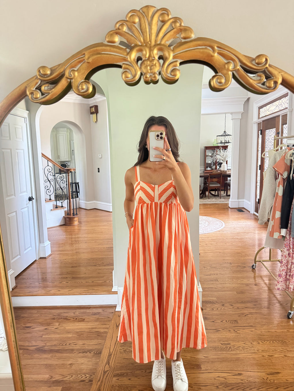 Sideline Stripe Midi Dress- Orange/Cream
