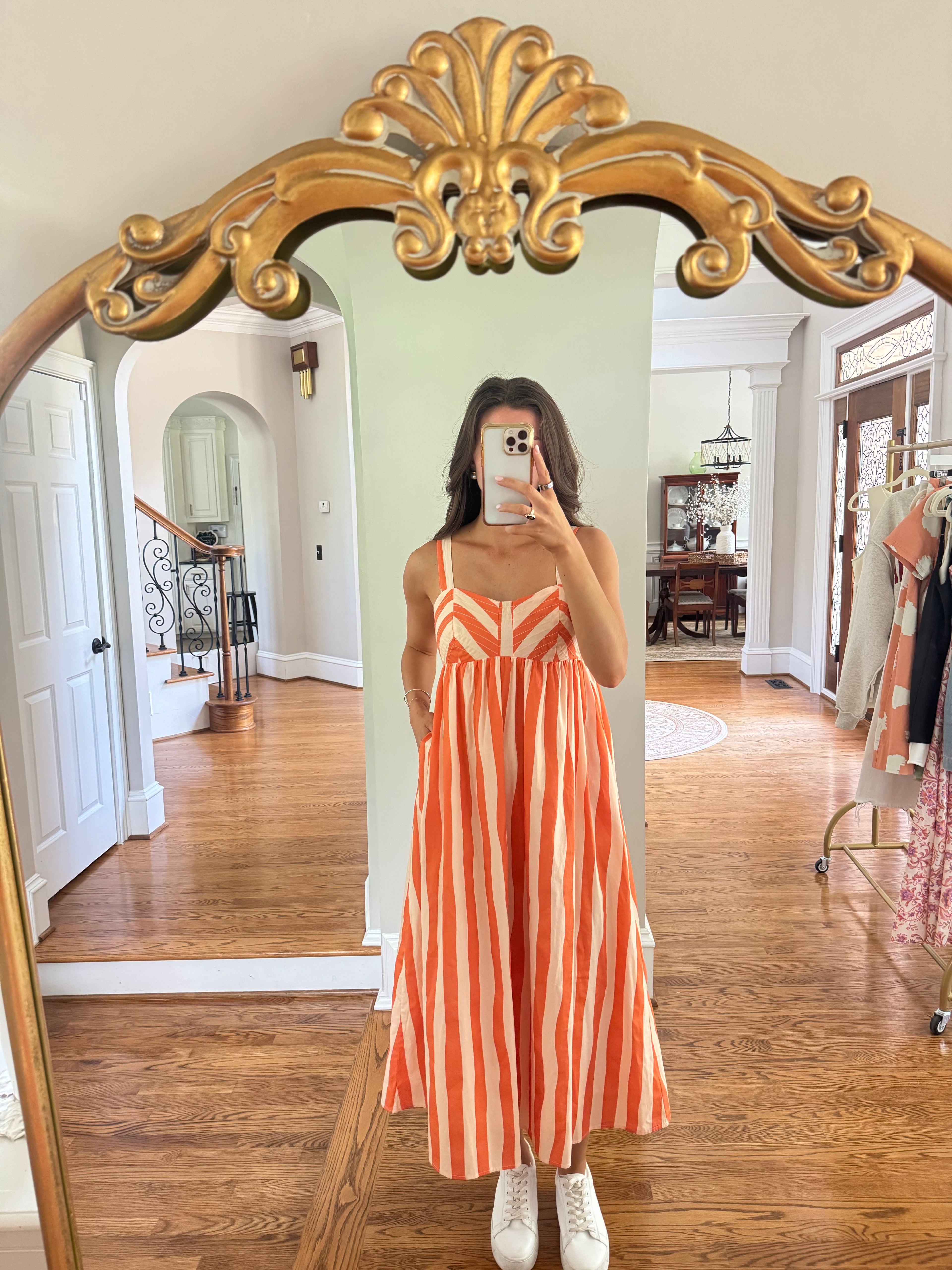 Sideline Stripe Midi Dress- Orange/Cream