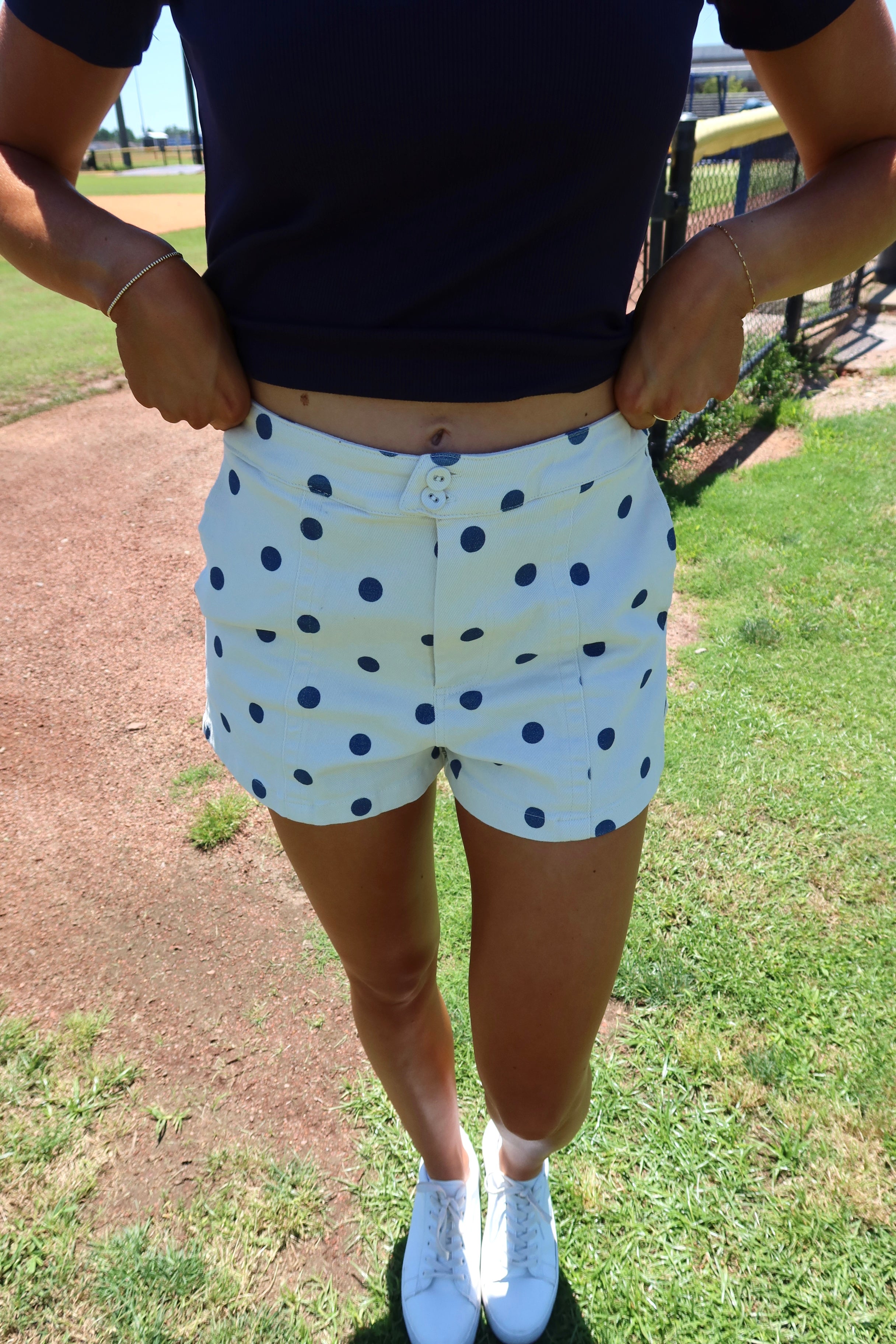 Polka Dot Denim Short- Cream/Navy