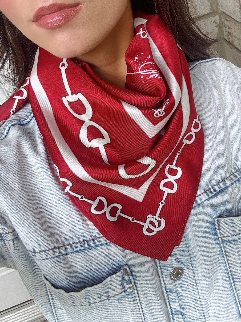Maroon & White Horse Bit Silk Scarf- 26x26