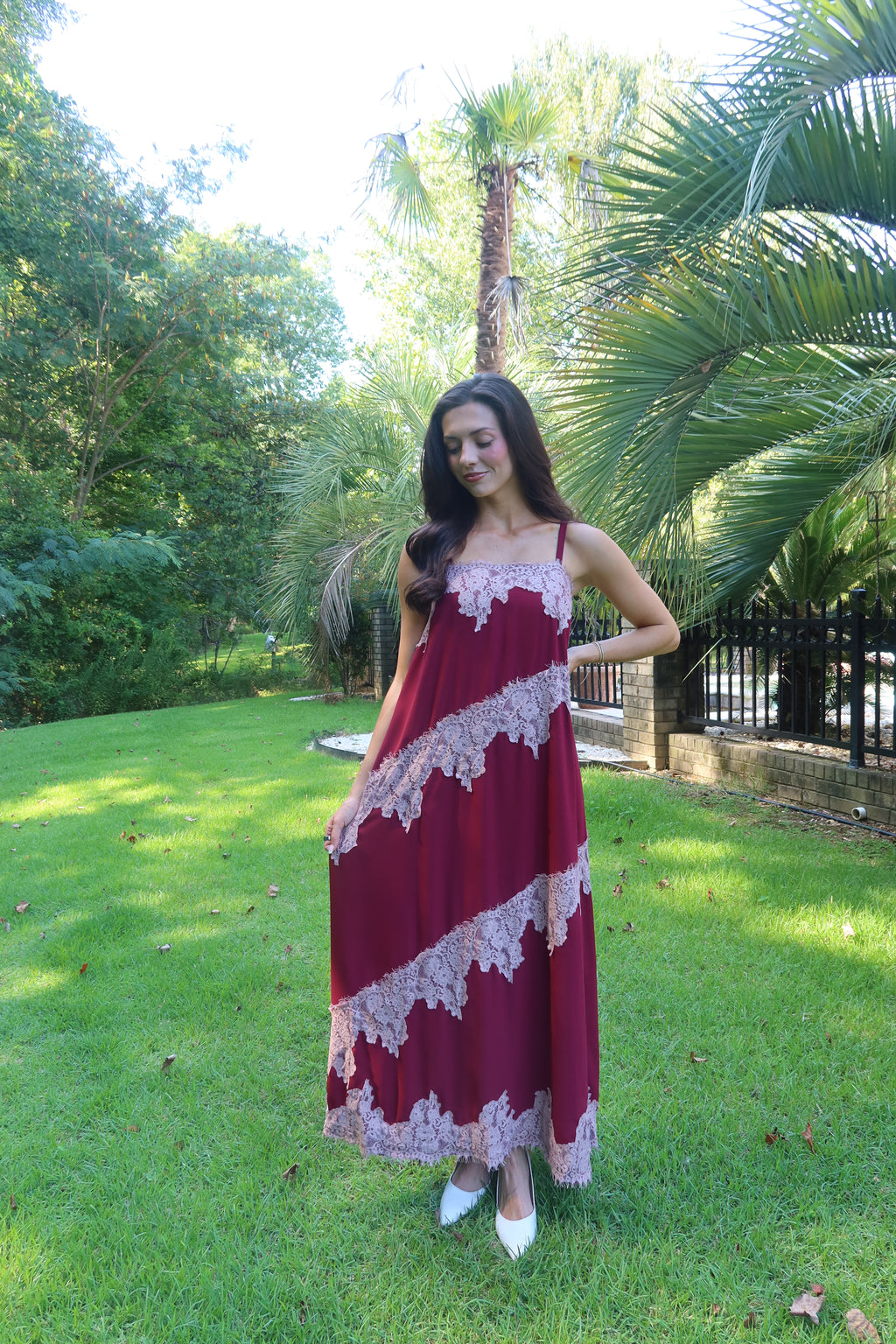 Cranberry Lace Dreams Maxi Dress- Burgundy