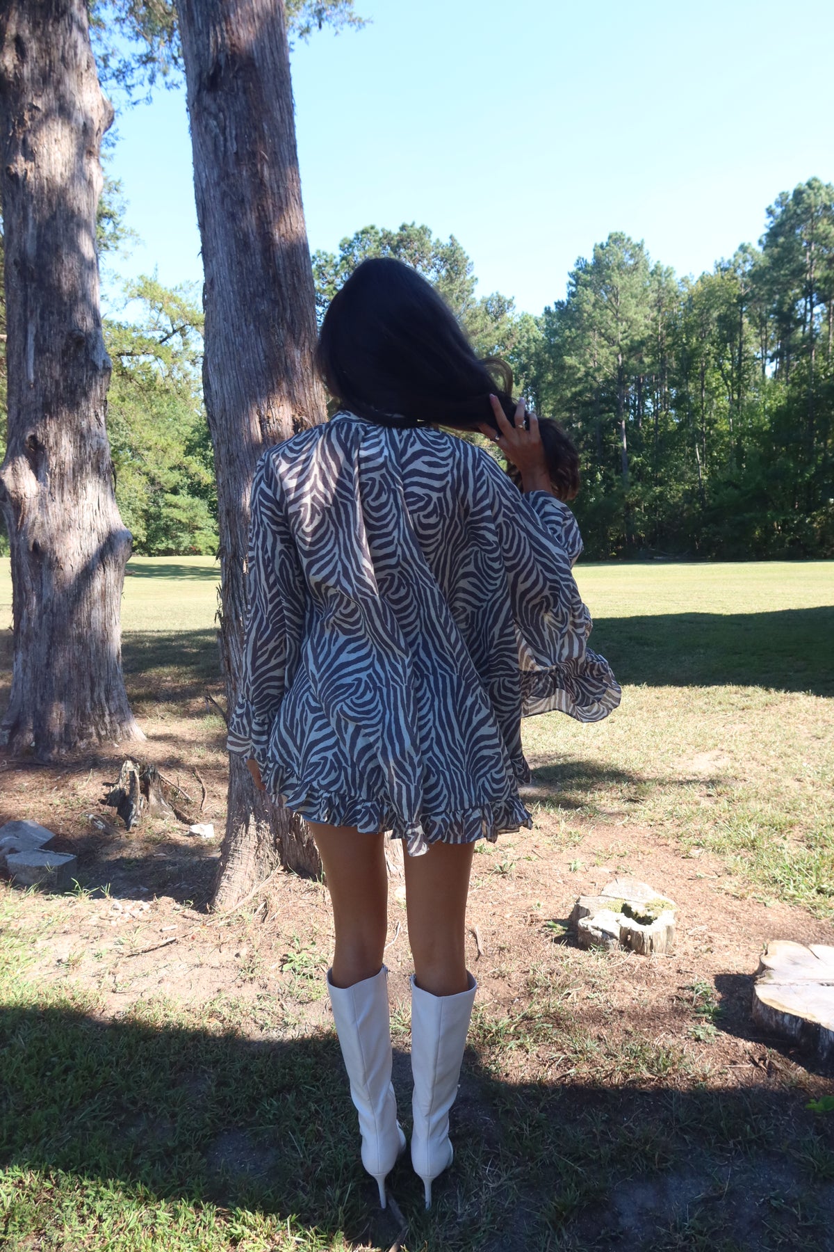 Savanna Zebra Ruffle Blouse- Taupe Grey/Cream