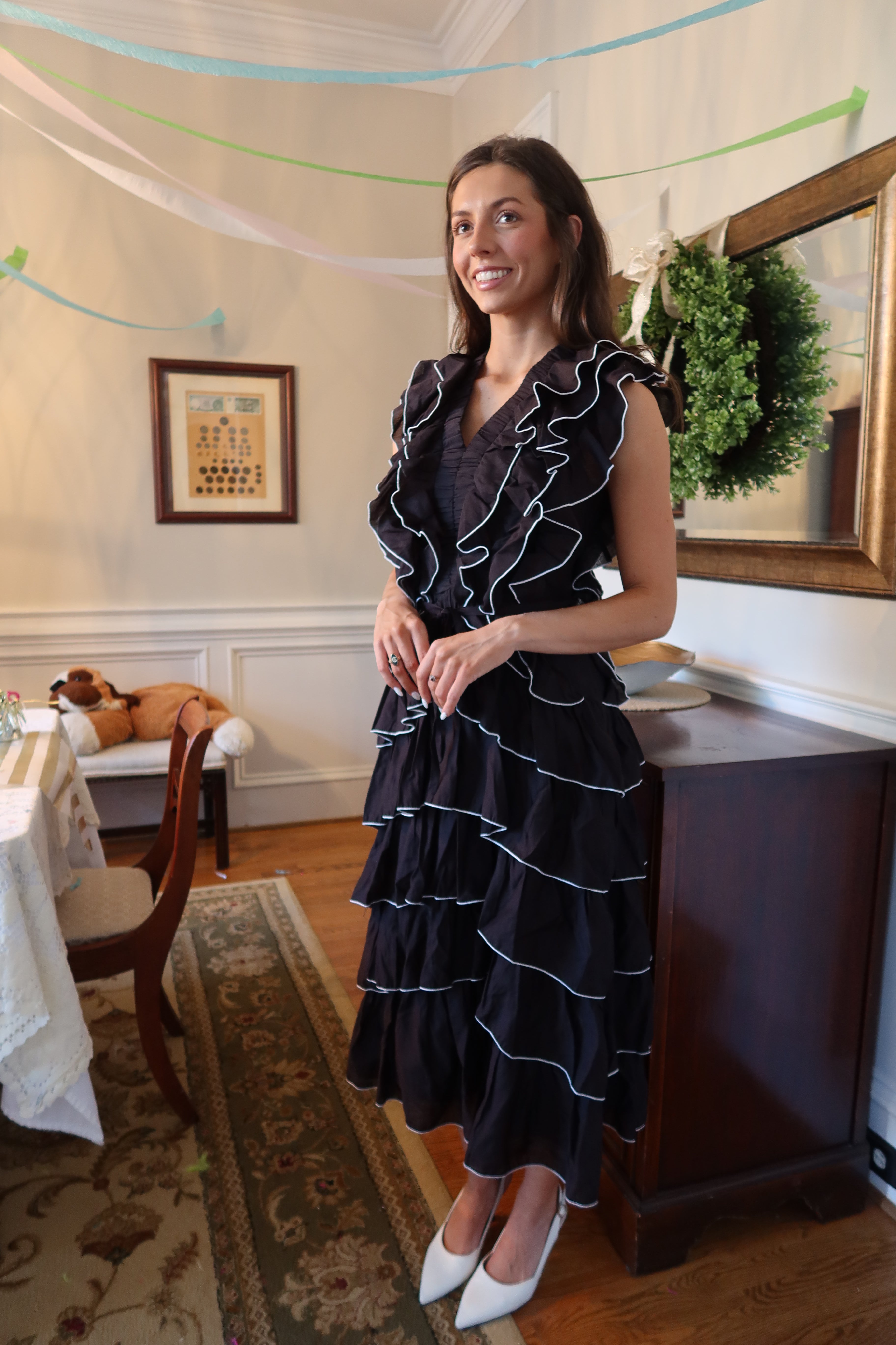 Uptown Ruffled Midi Dress- Black/White