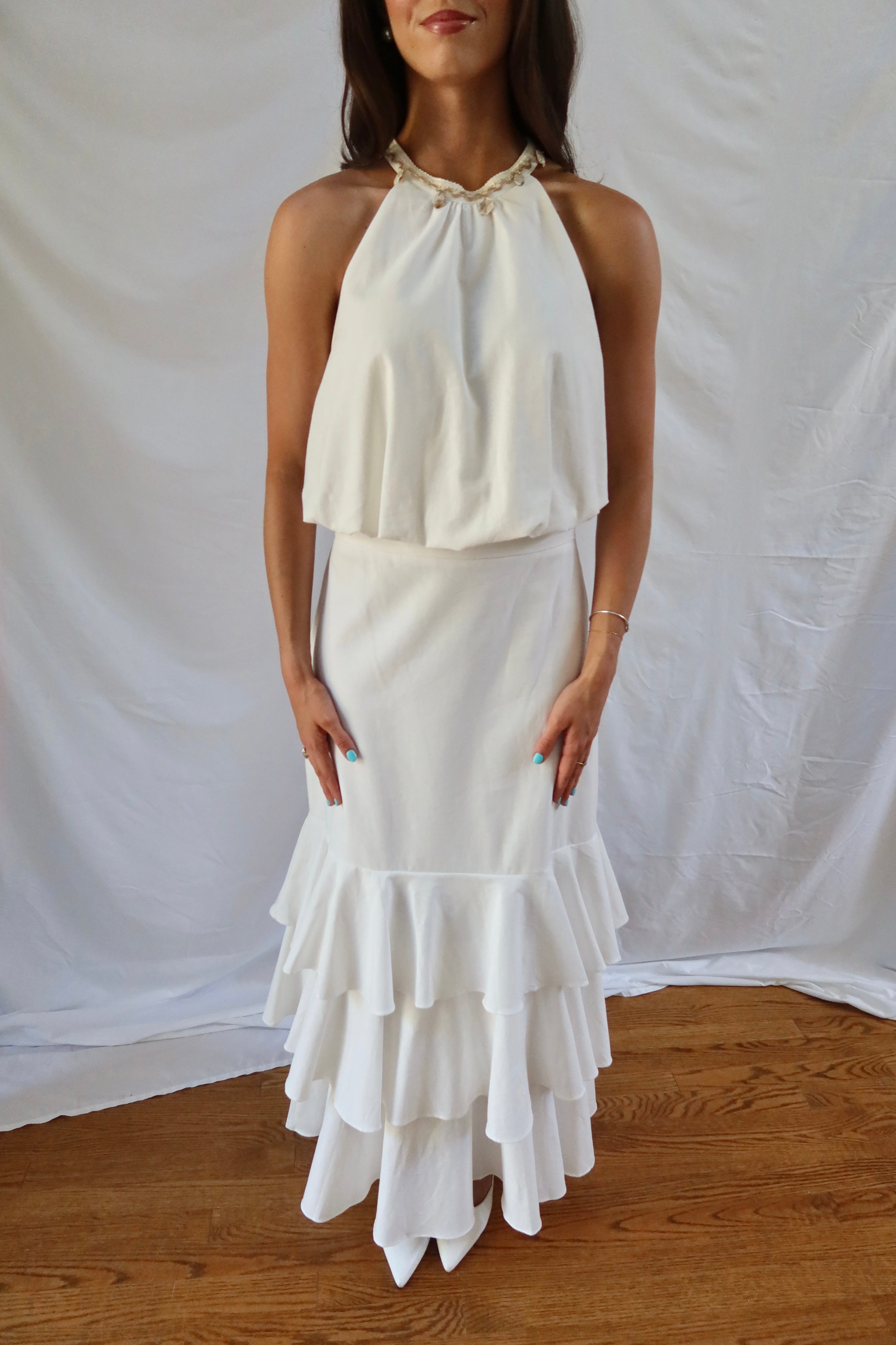 Seashell Ruffled Maxi Skirt- White