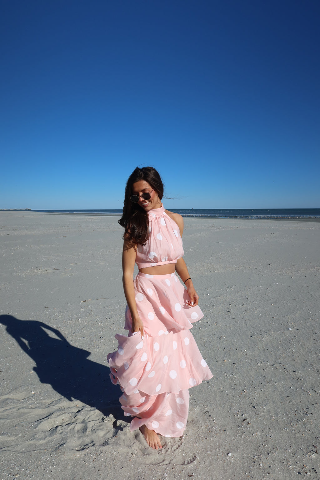 Darling Dot Halter Neck Skirt Set- Pink