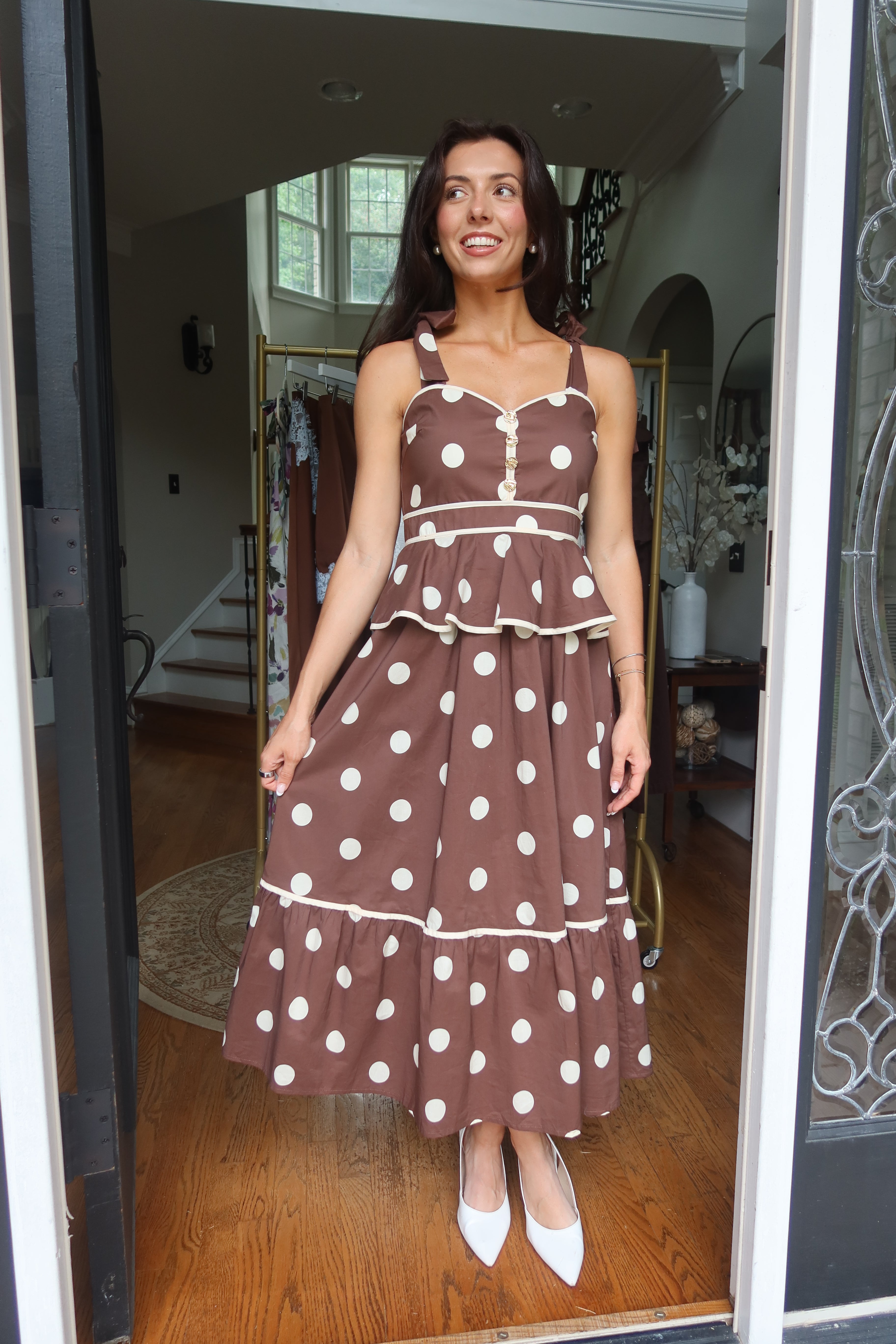 Autumn Social Polka Dot Midi Dress- Brown/Cream