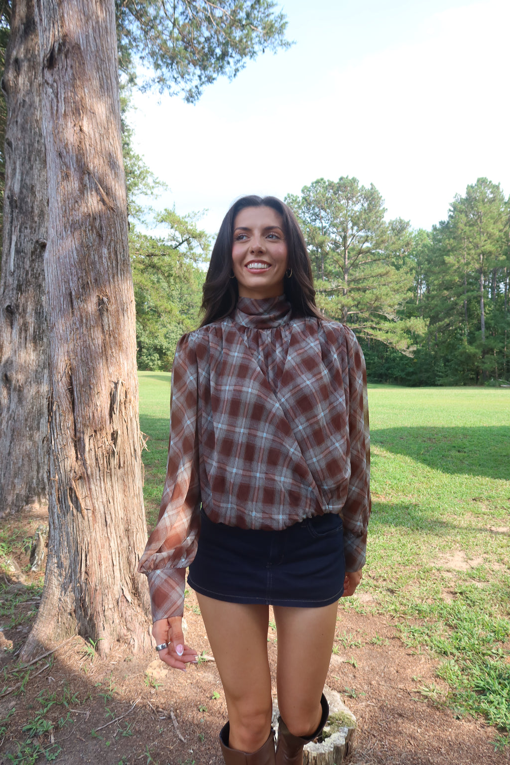 Audrey Plaid Blouse- Brown/Light Blue