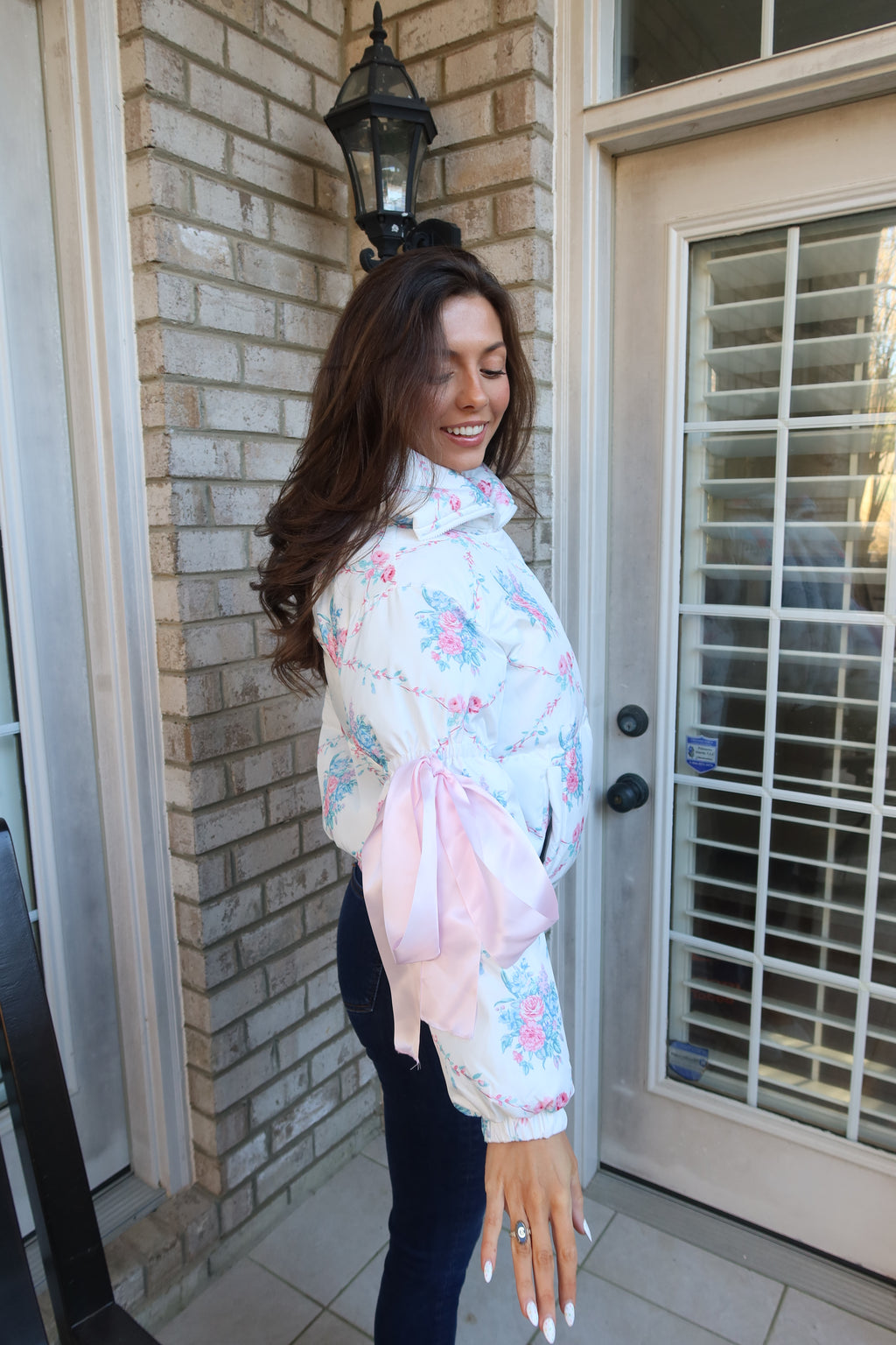 Floral Puffer Jacket- White/Blue/Pink