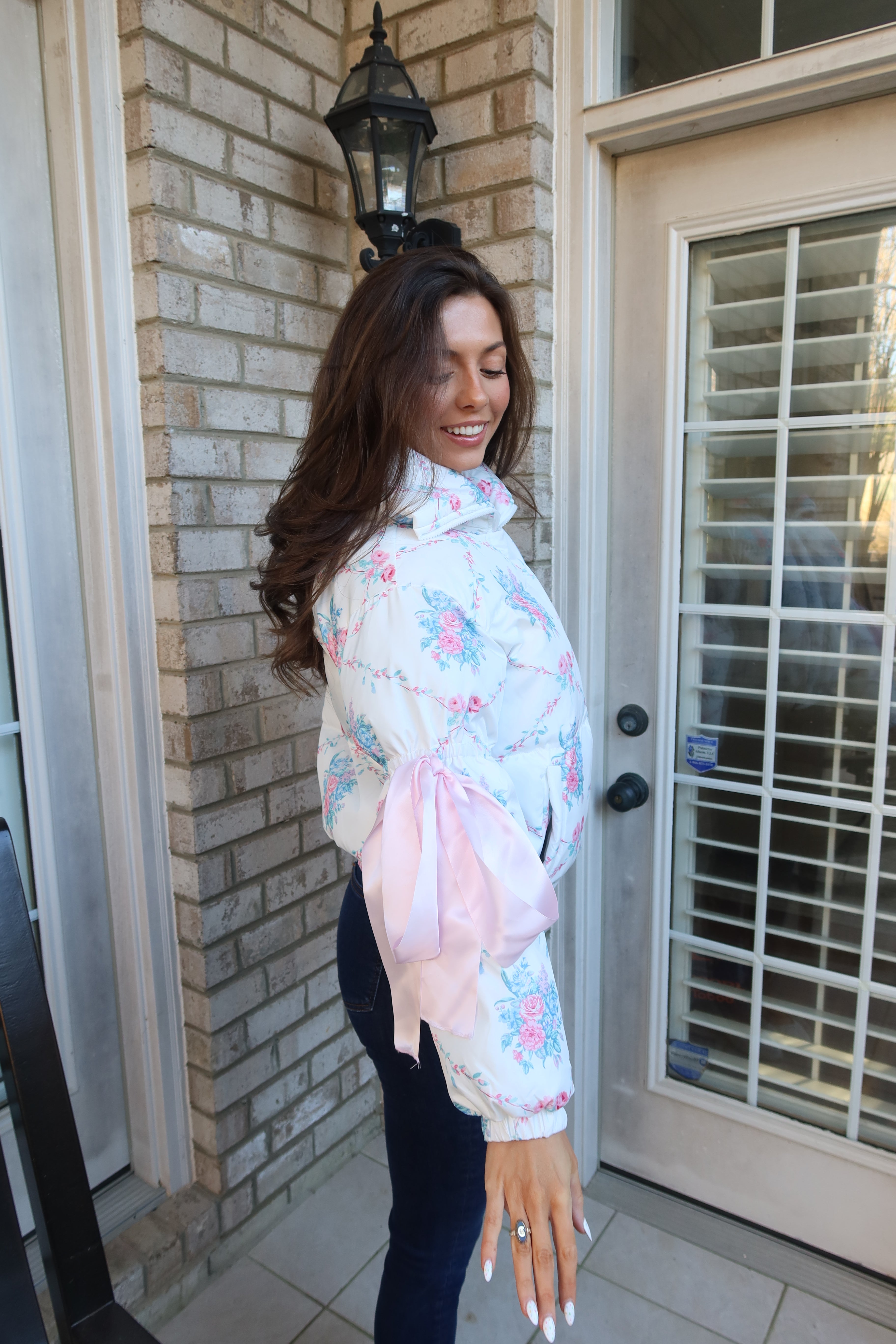 Floral Puffer Jacket- White/Blue/Pink