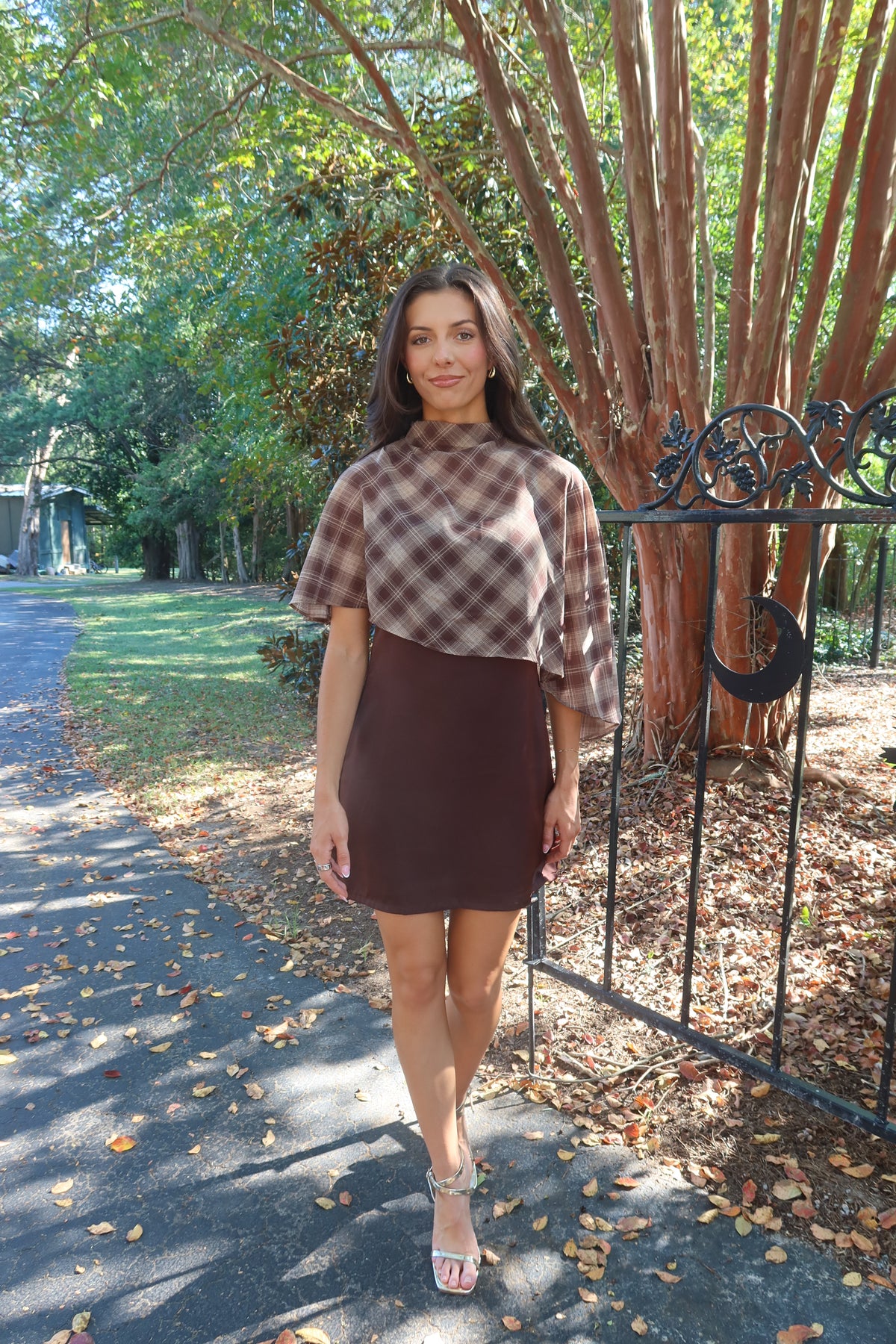 Park Avenue Plaid Cape Mini Dress- Cocoa