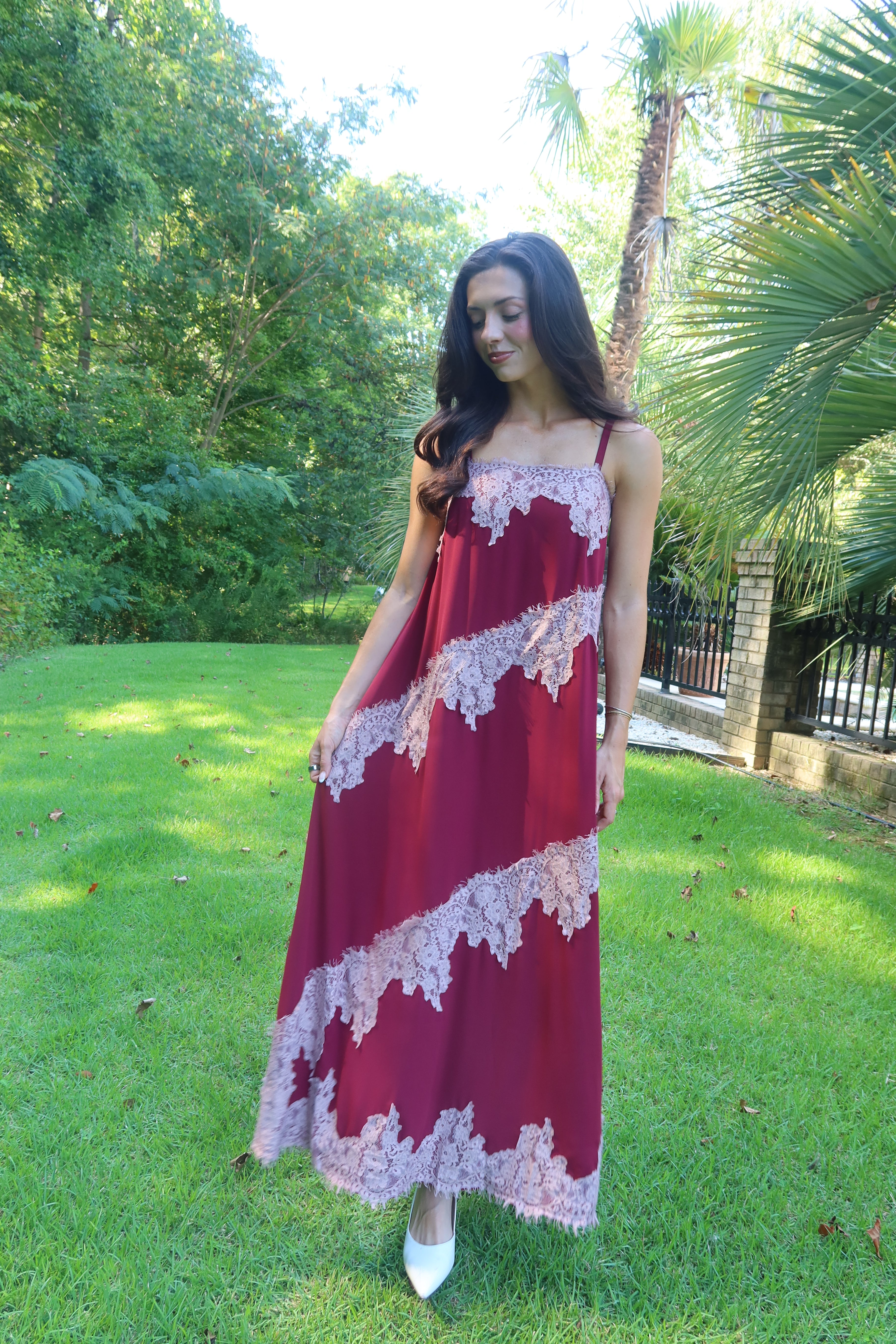 Cranberry Lace Dreams Maxi Dress- Burgundy