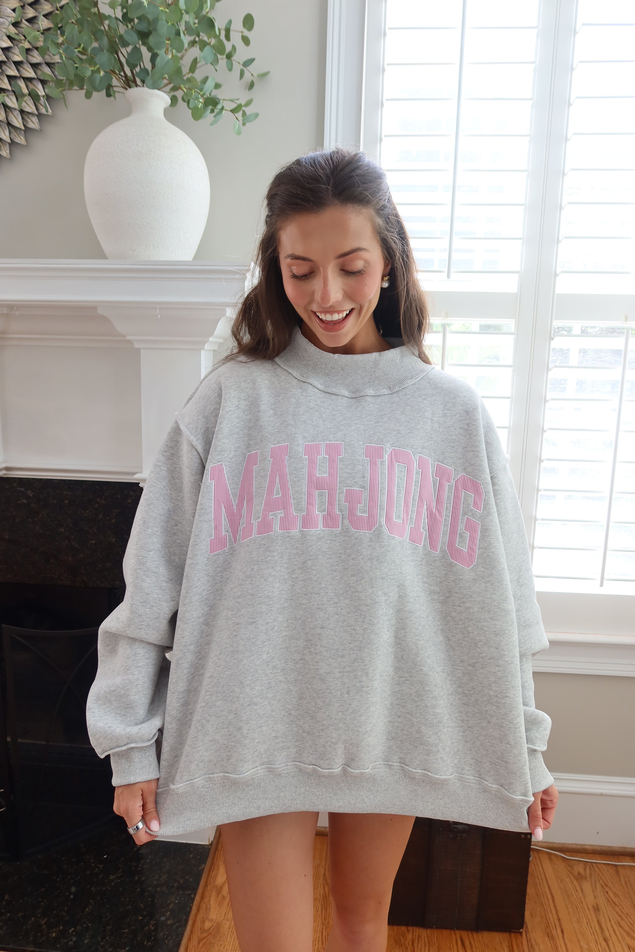 Mahjong Embroidered Sweatshirt- Heather Grey/Pink Stripe