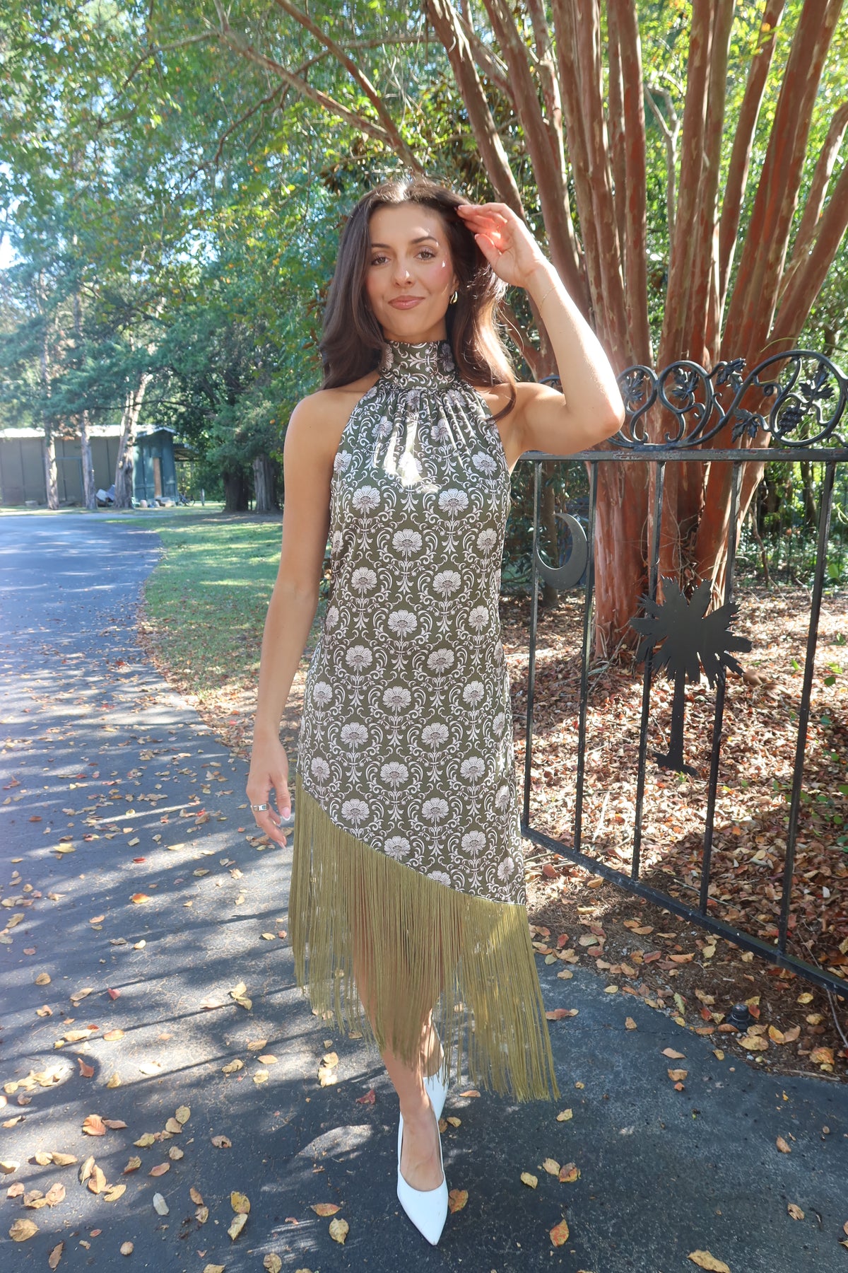 Olive Estate Fringe Midi Dress- Olive