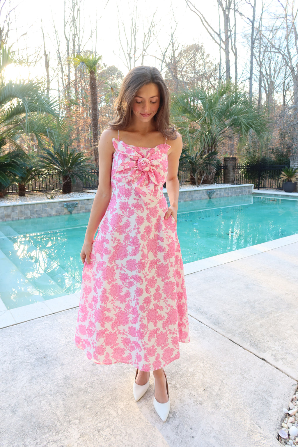 Pink Peony Midi Dress- Pink/White