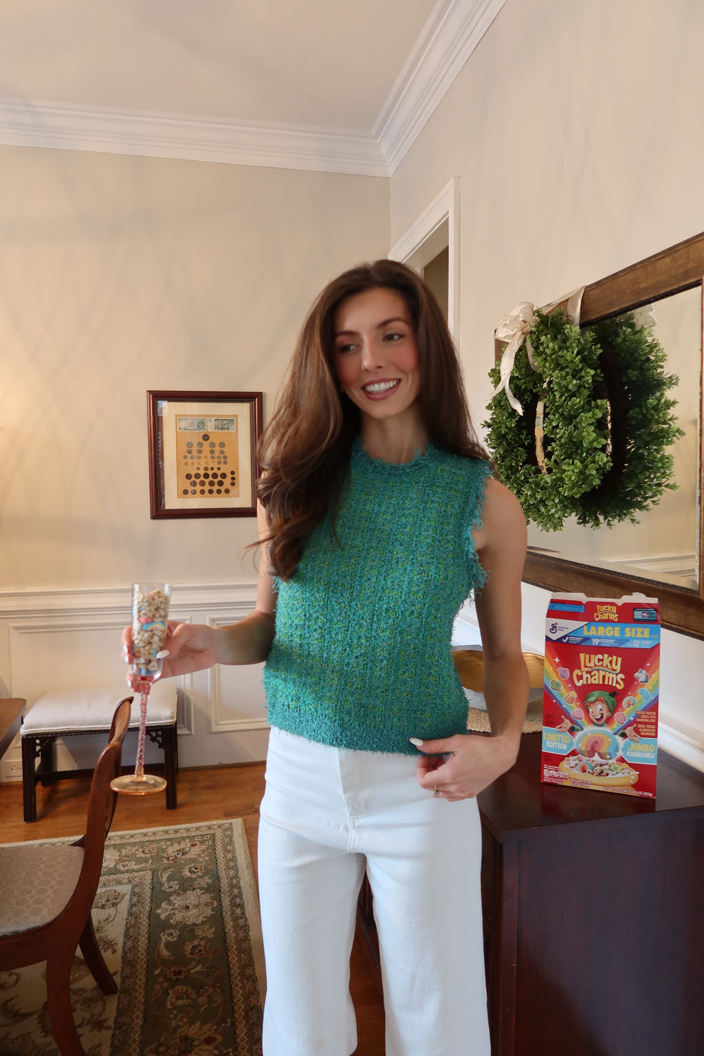 Lucky Girl Tweed Knit Vest- Green