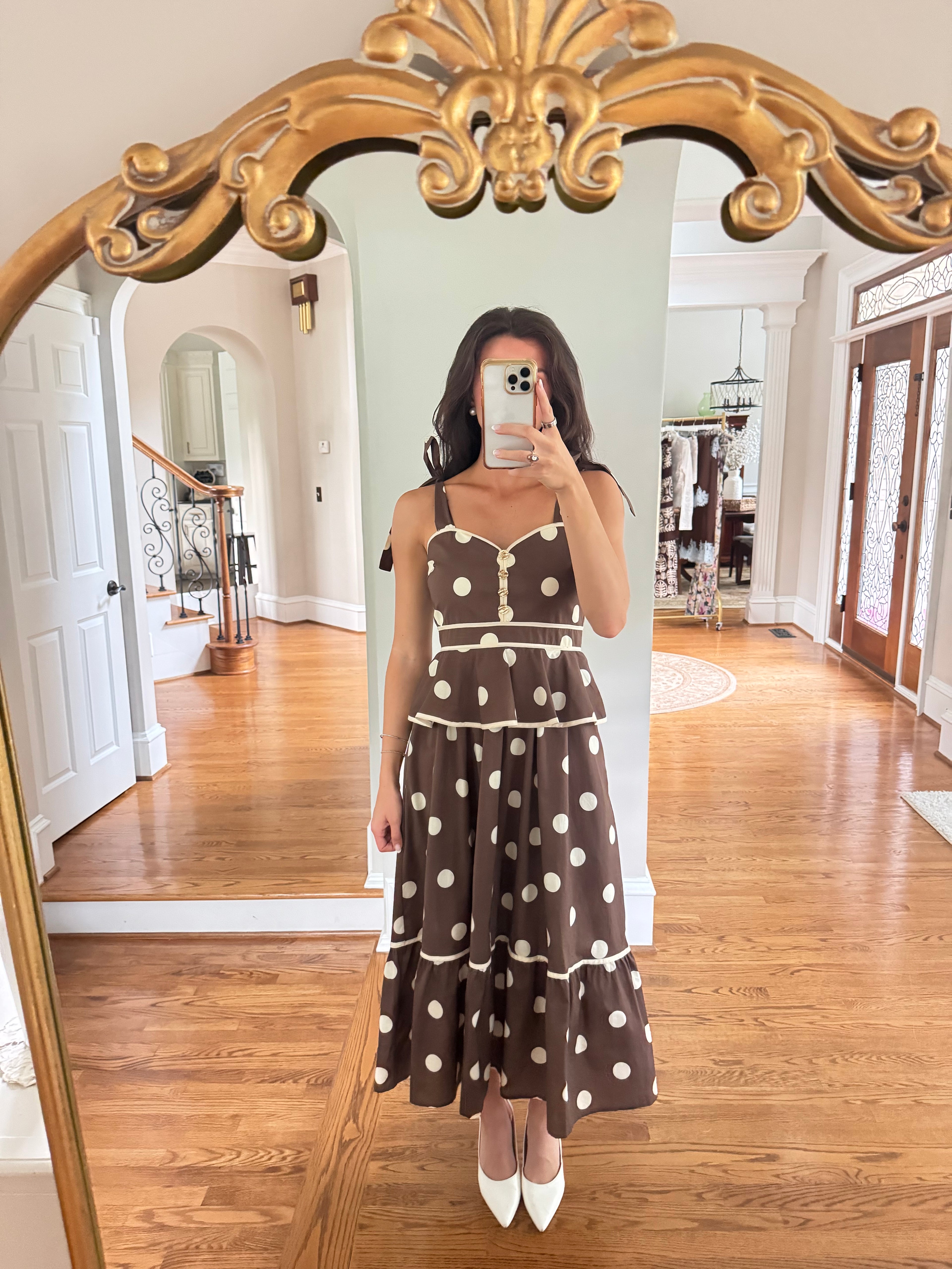 Autumn Social Polka Dot Midi Dress- Brown/Cream