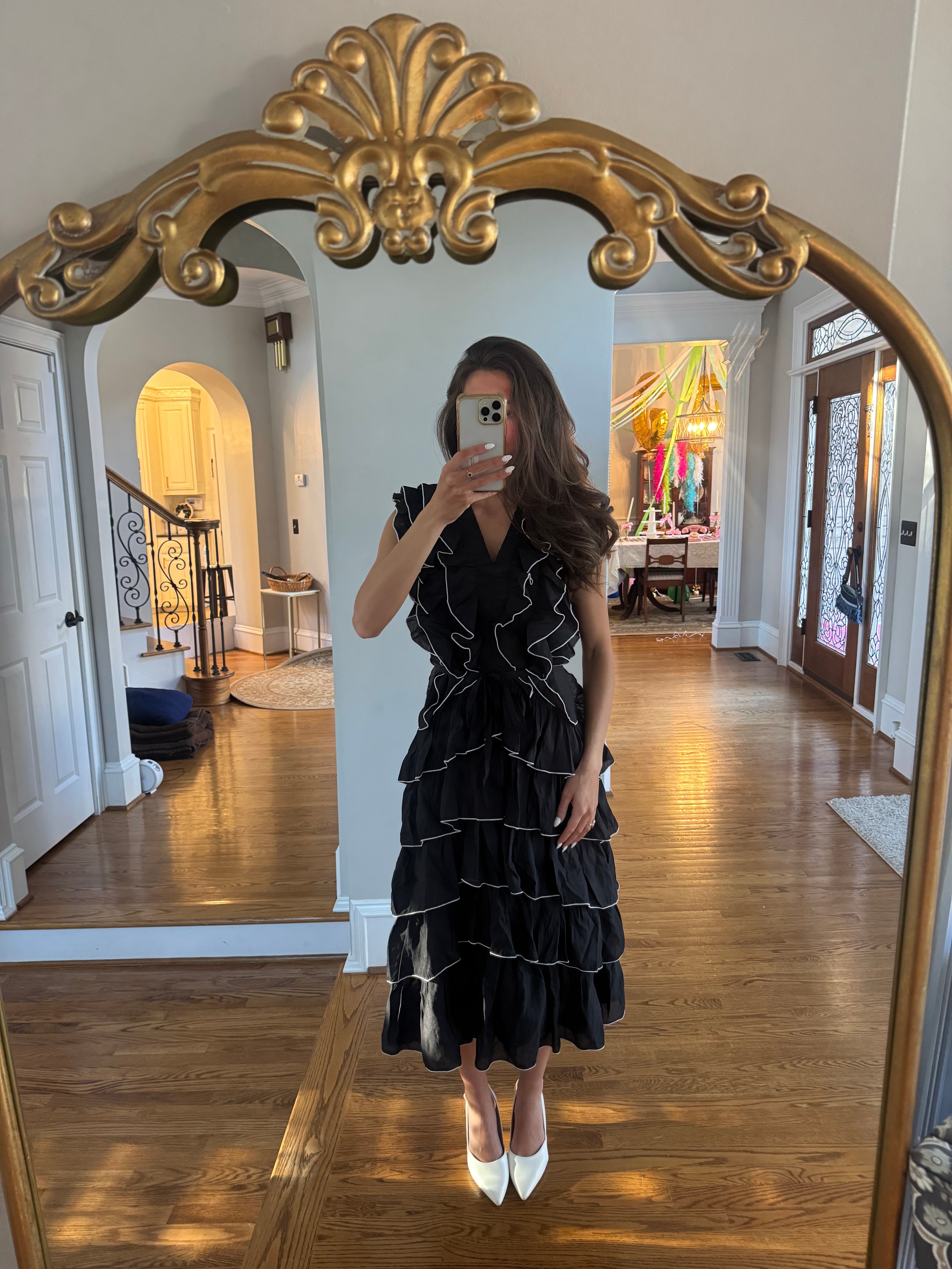 Uptown Ruffled Midi Dress- Black/White