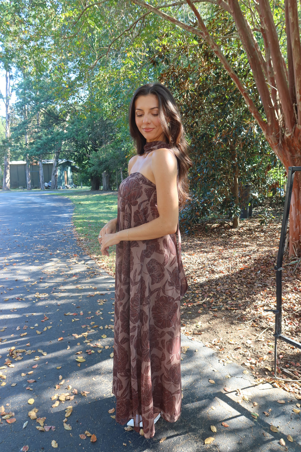 Hydrangea Hill Scarf Maxi Dress- Chocolate