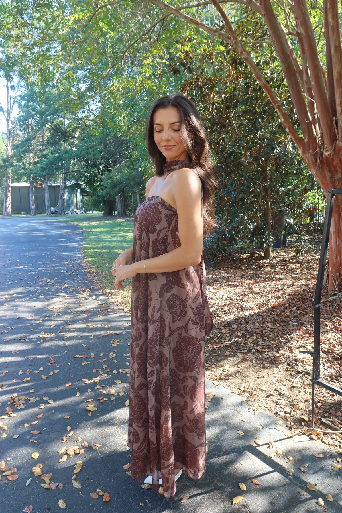 Hydrangea Hill Scarf Maxi Dress- Chocolate