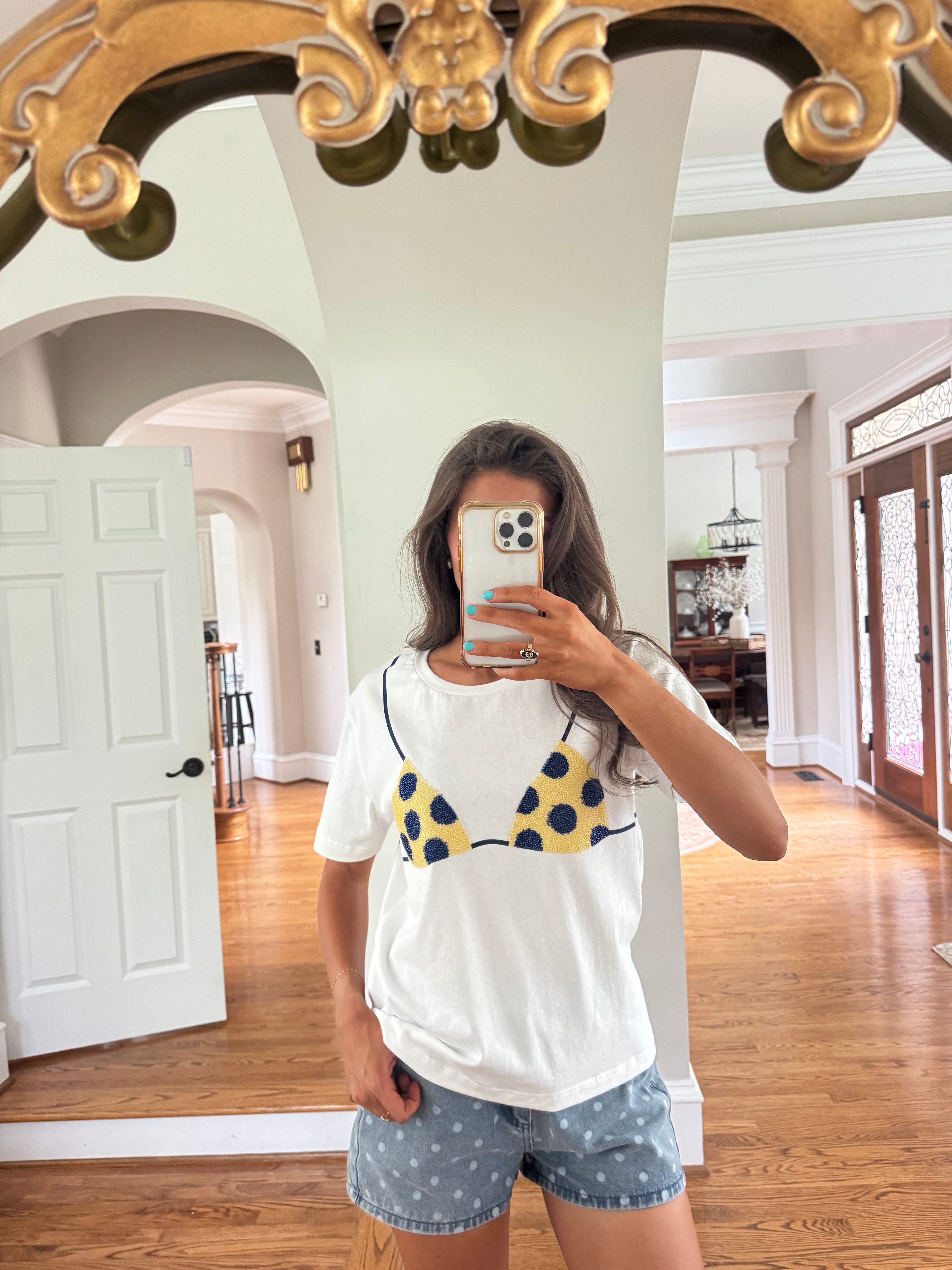 Beaded Polka Dot Bikini Tee- Ivory/Blue/Yellow