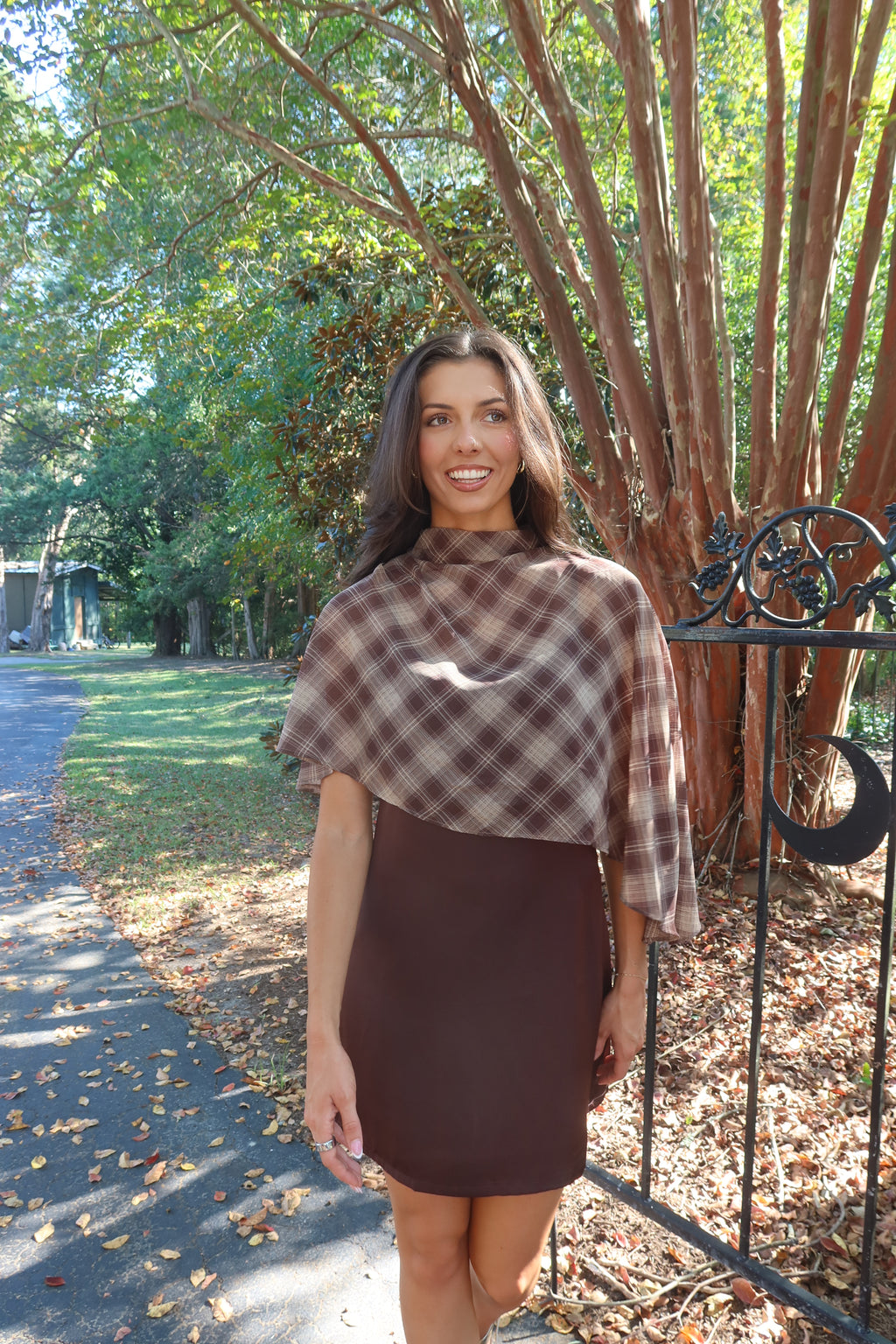 Park Avenue Plaid Cape Mini Dress- Cocoa