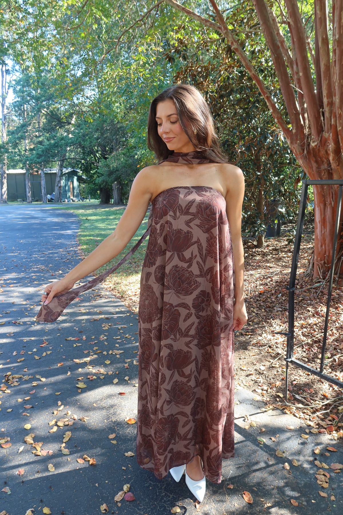 Hydrangea Hill Scarf Maxi Dress- Chocolate