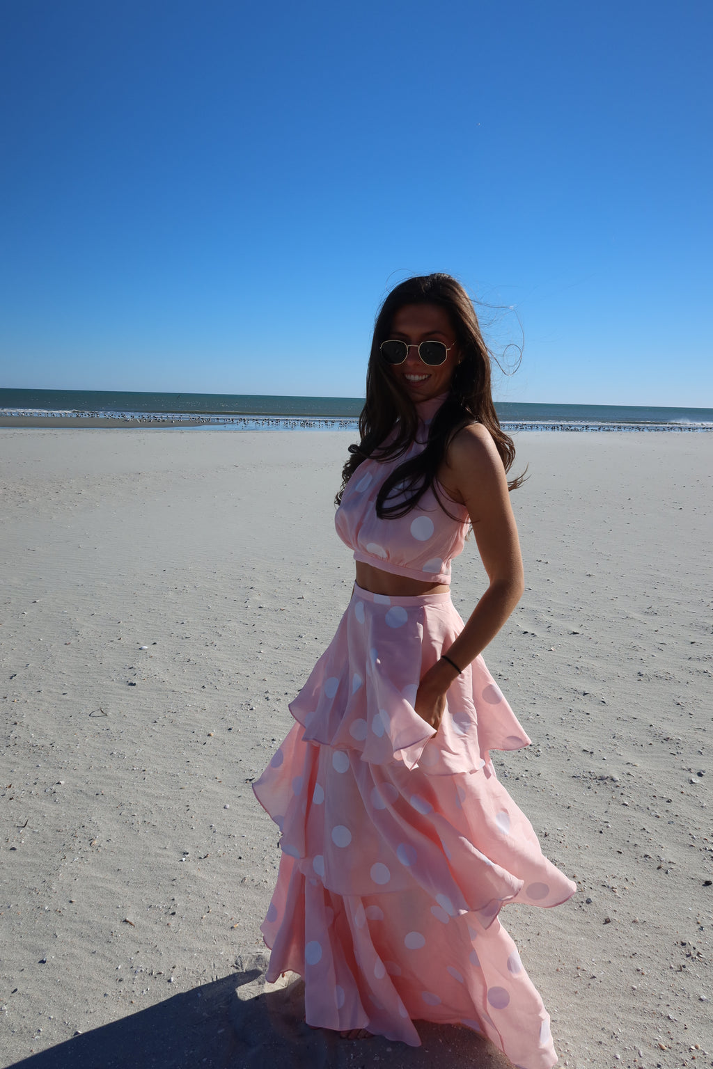Darling Dot Halter Neck Skirt Set- Pink