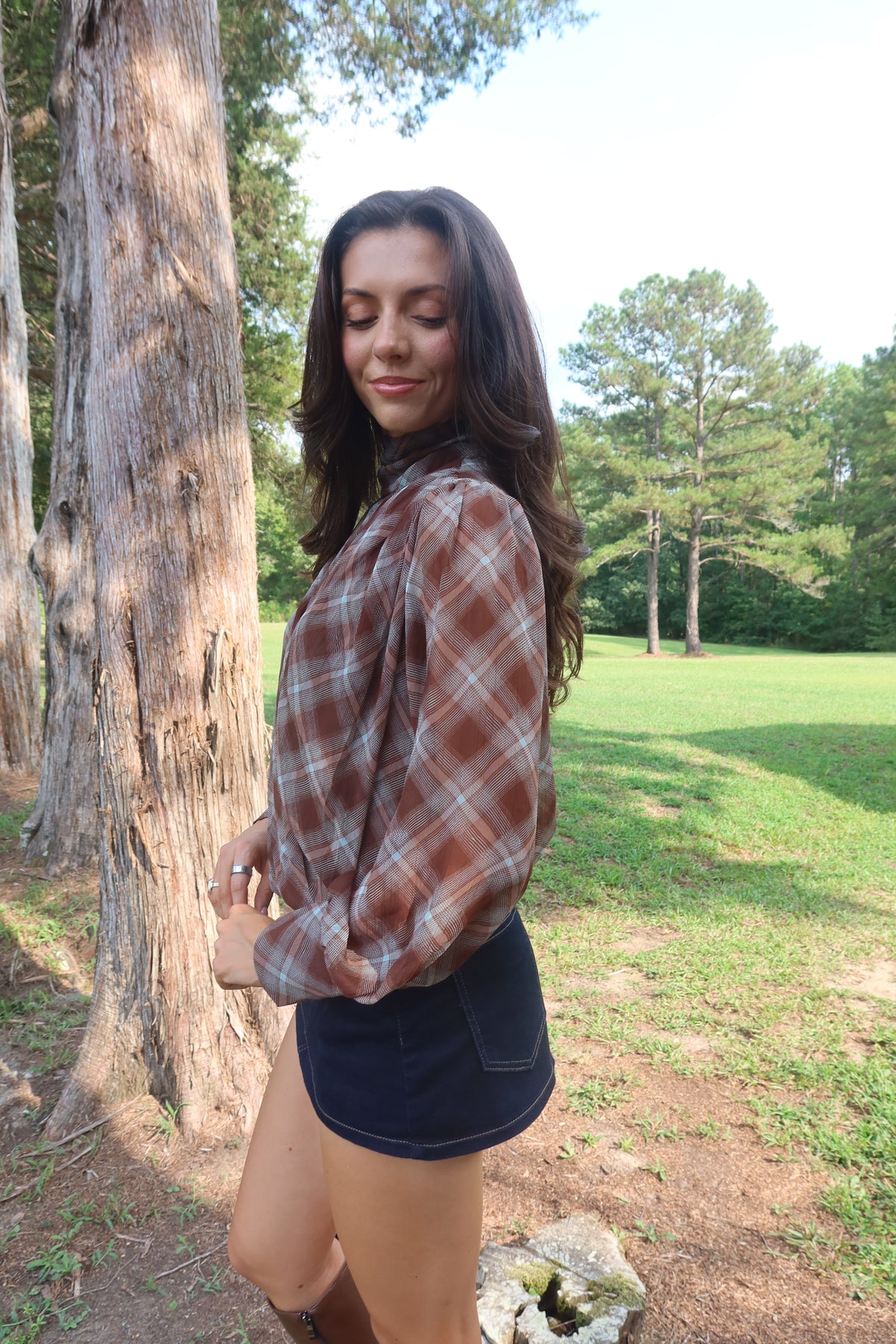 Audrey Plaid Blouse- Brown/Light Blue
