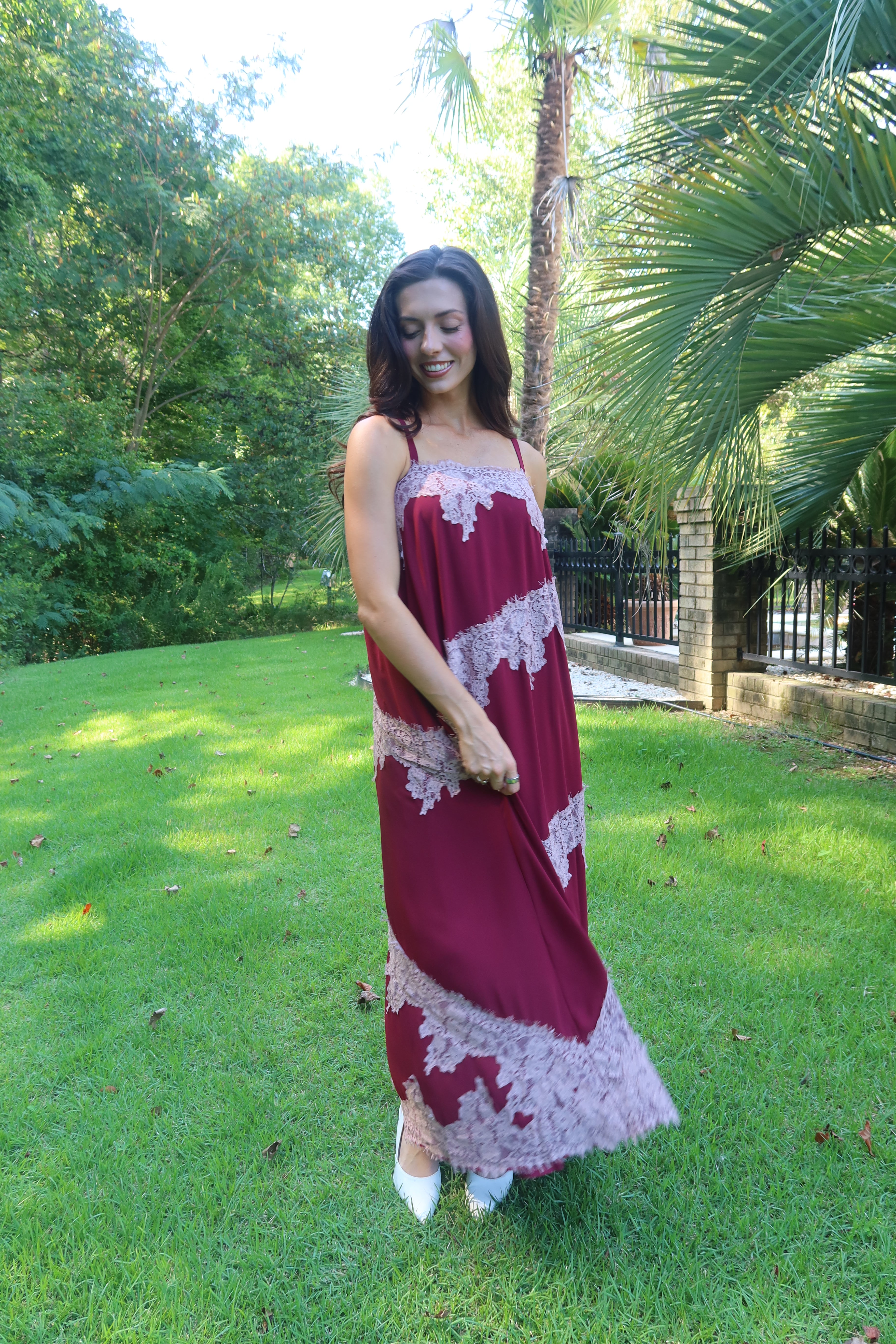 Cranberry Lace Dreams Maxi Dress- Burgundy