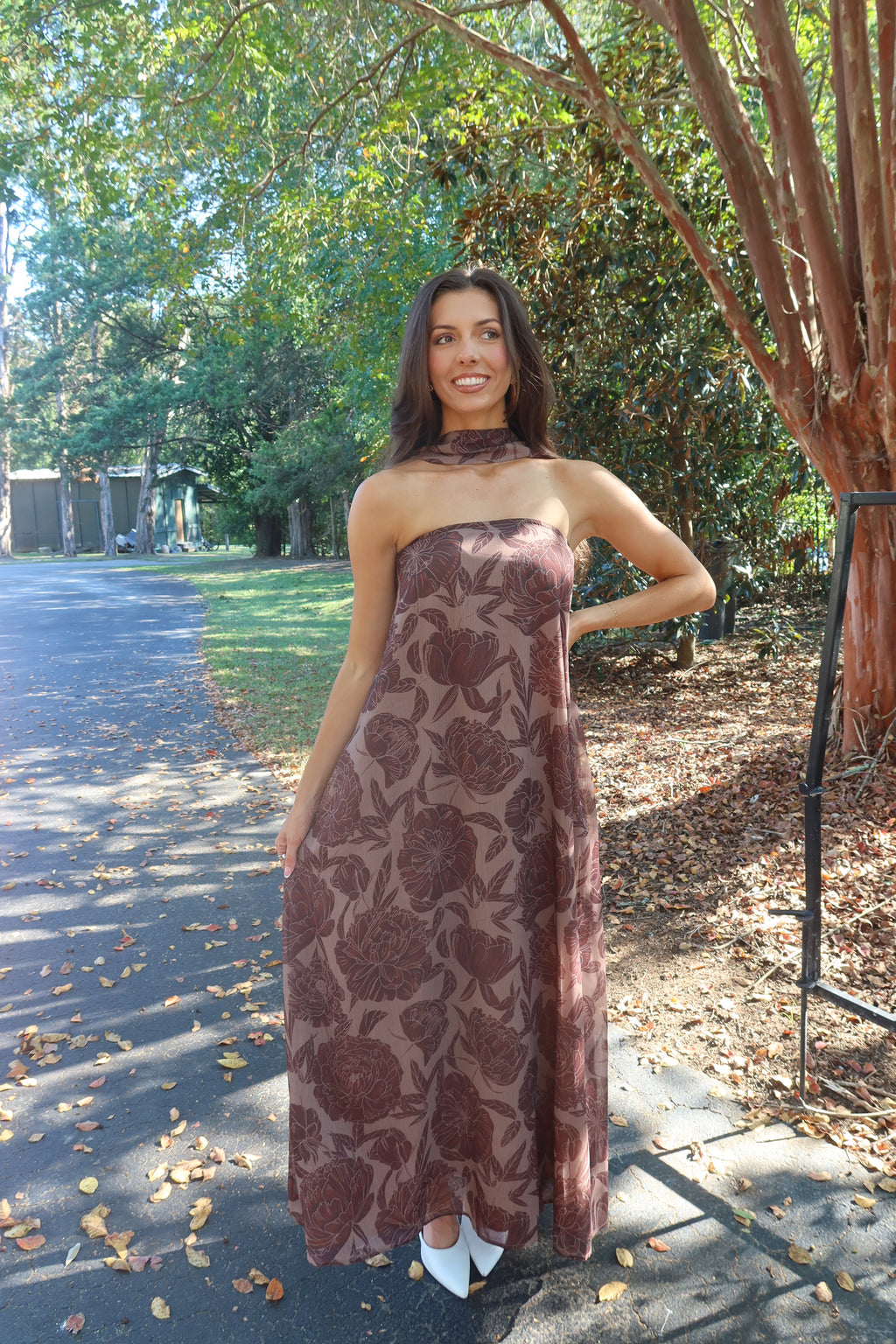 Hydrangea Hill Scarf Maxi Dress- Chocolate