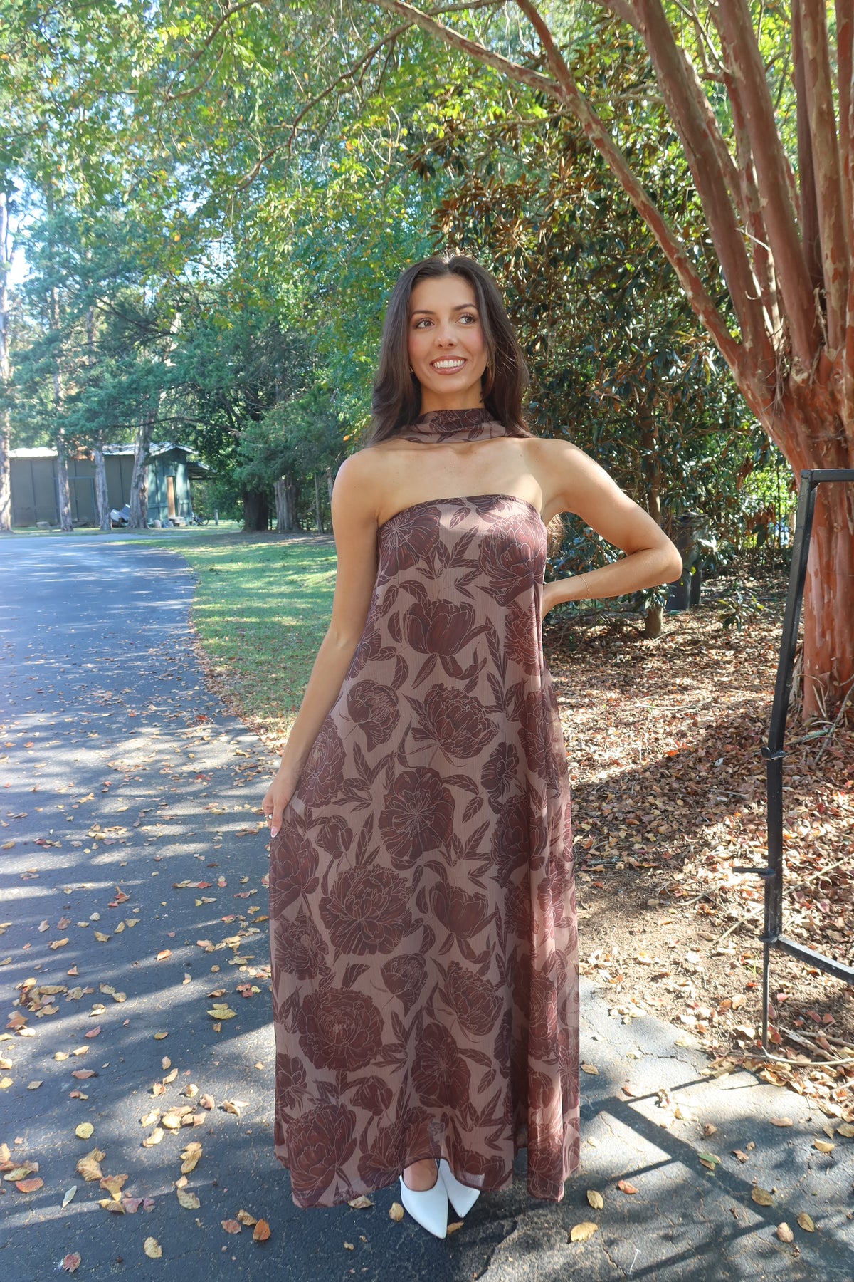 Hydrangea Hill Scarf Maxi Dress- Chocolate