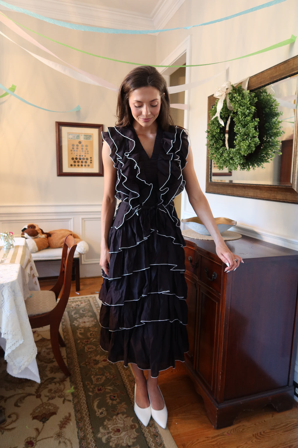 Uptown Ruffled Midi Dress- Black/White