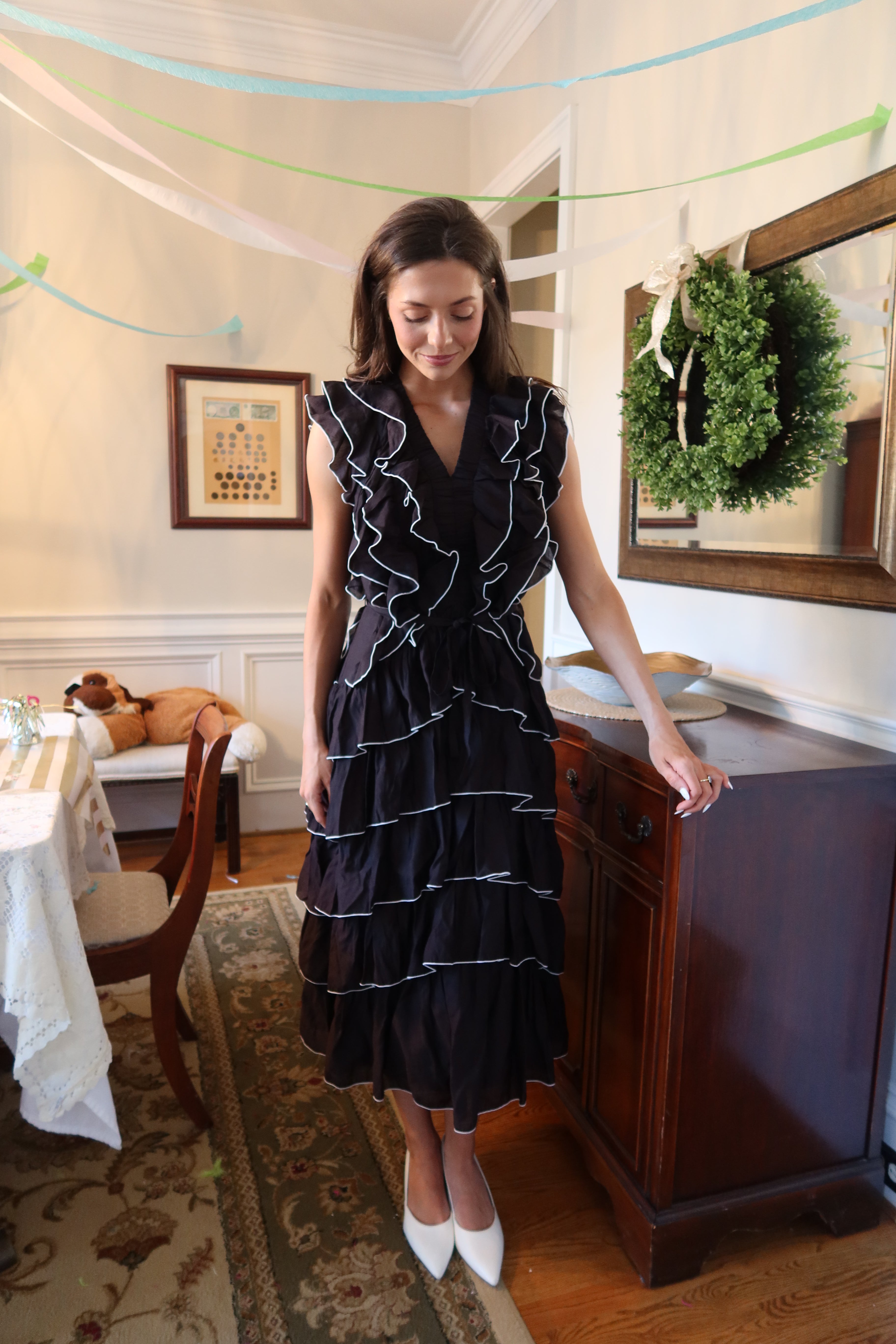 Uptown Ruffled Midi Dress- Black/White